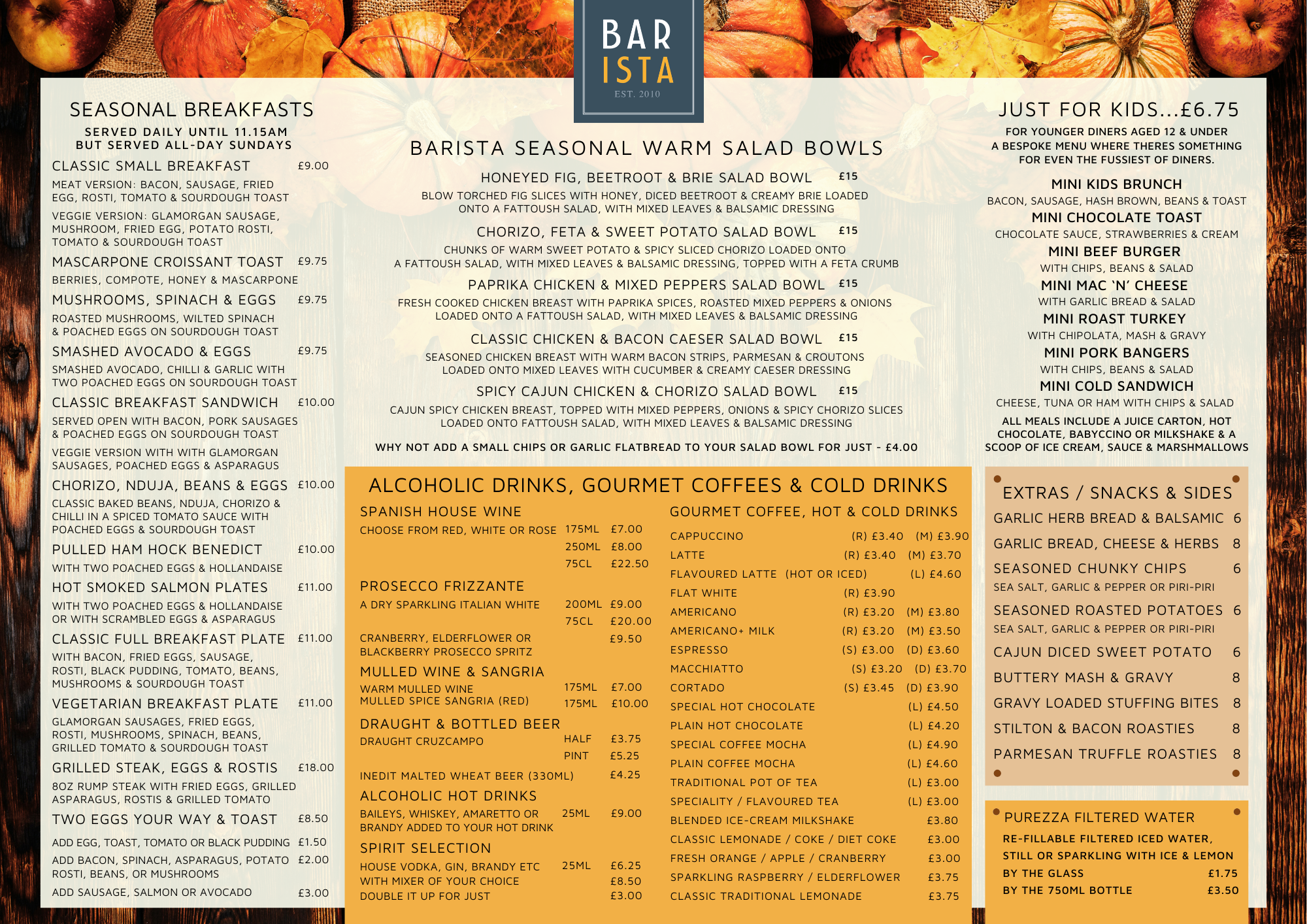Menu from Bar Ista featuring seasonal breakfasts, warm salad bowls, drinks, and snacks. Items include classic breakfast, chorizo and beans breakfast, pulled ham hock benedict, smoked salmon, and vegetarian options. Drinks include wines, coffees, cocktails, beers, and hot chocolate. Snacks include garlic herb bread, chunky chips, roasted potatoes, and parmesan truffle roasts.