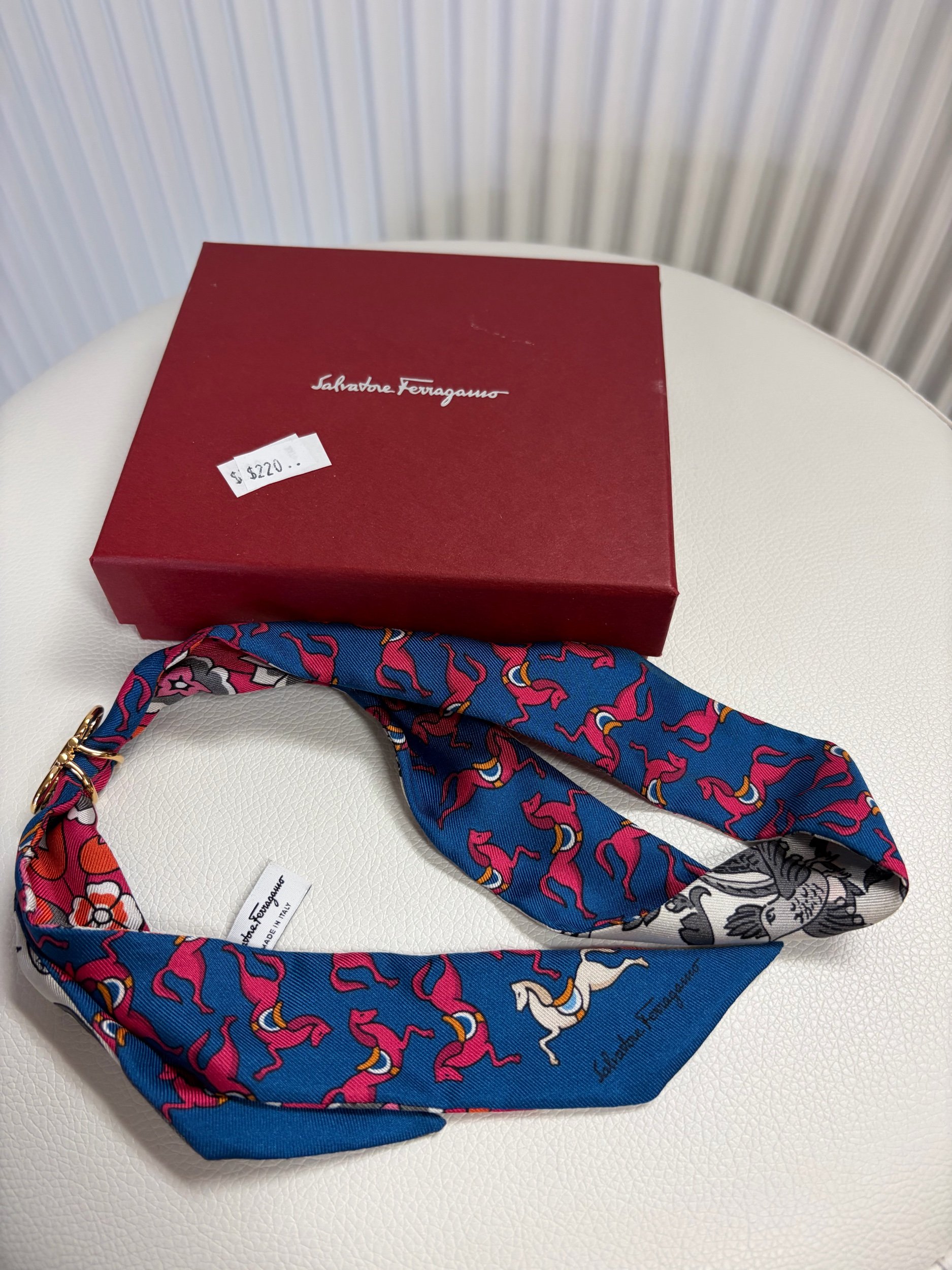 Salvatore Ferragamo Silk Twilly Scarf with Gold Gancini Ring