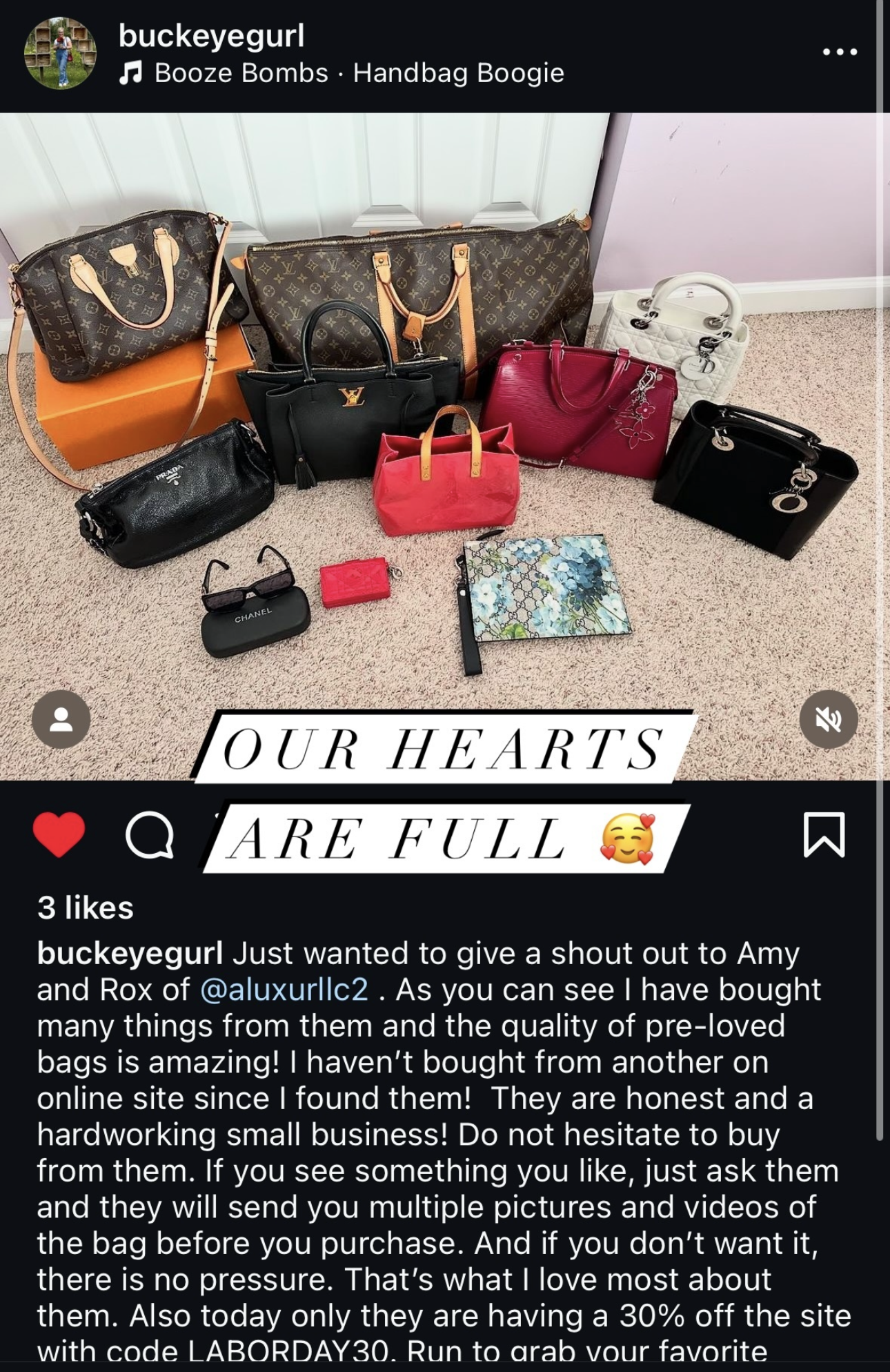 Collection of designer handbags including Louis Vuitton, Prada, Chanel, and other brands, arranged on a beige carpeted floor with some displayed on an orange box.