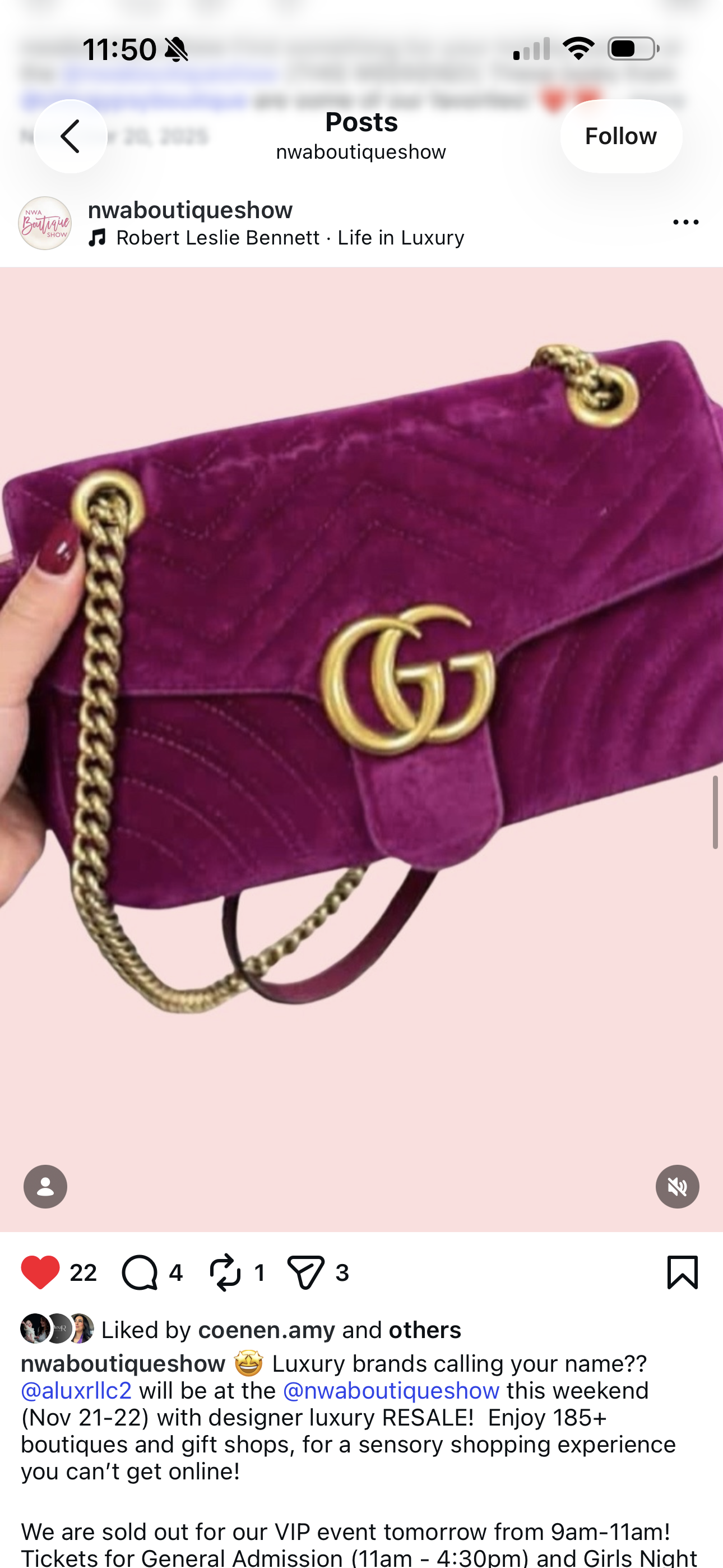 Close-up of a purple velvet designer handbag with gold hardware, including a chain strap and the interlocking G logo.