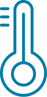 Icon of a thermometer with a blue outline.