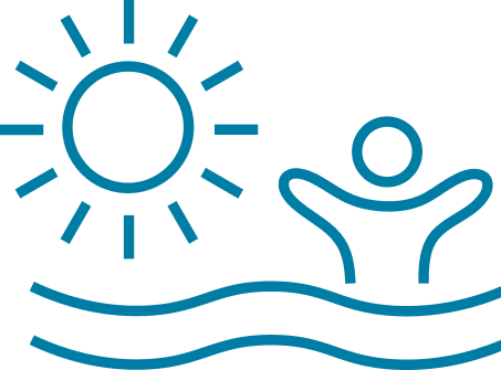A simple line drawing of the sun, a person with raised arms, and wavy lines representing water.