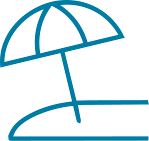 Blue outline drawing of a beach umbrella and lounge chair