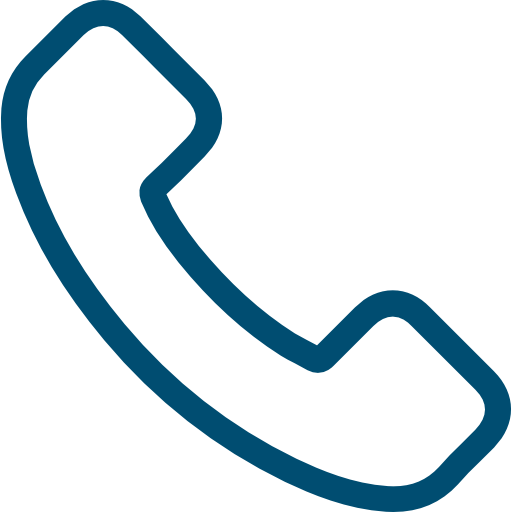 Icon of a blue telephone handset in a simple line art style.