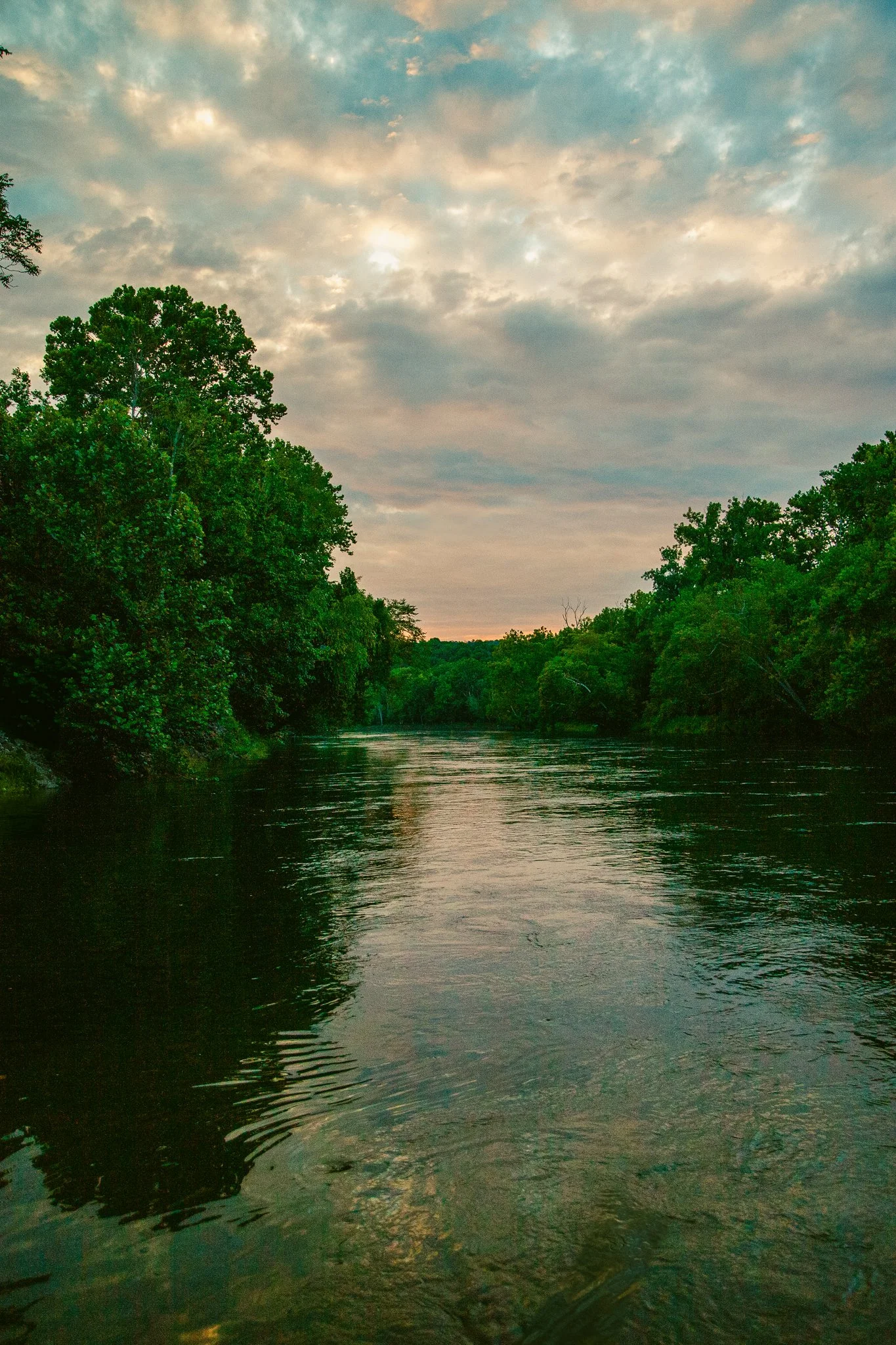 A river flowing through a lush green landscape with tall trees on either side. The sky is partially cloudy with the sun setting or rising in the background, casting a soft glow over the scene.