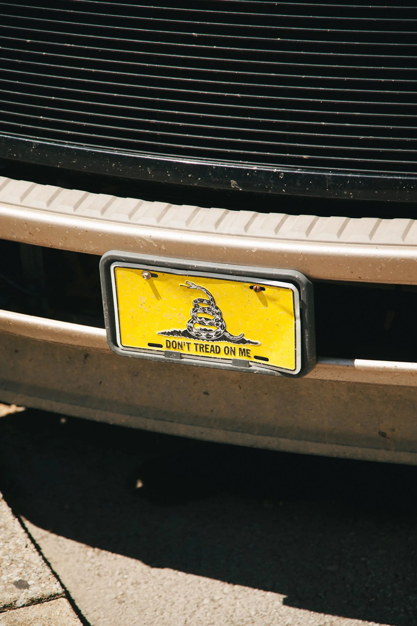 A vehicle's front grille with a yellow license plate featuring a snake coiled around a sword and the words 'DON'T TREAD ON ME' underneath.