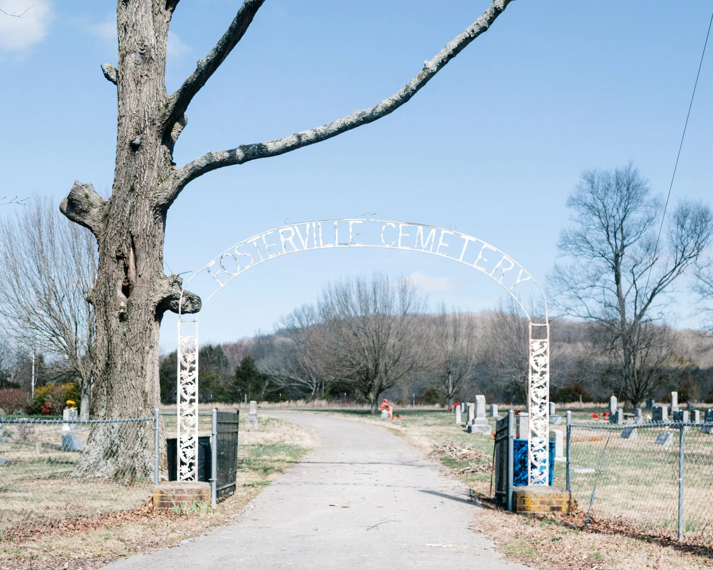 Entrance to Foserville Cemetery marked by an archway with the cemetery's name. The arch and surrounding gate are white with decorative patterns. There is a large, leafless tree on the left side of the entrance. The background includes a pathway leadi