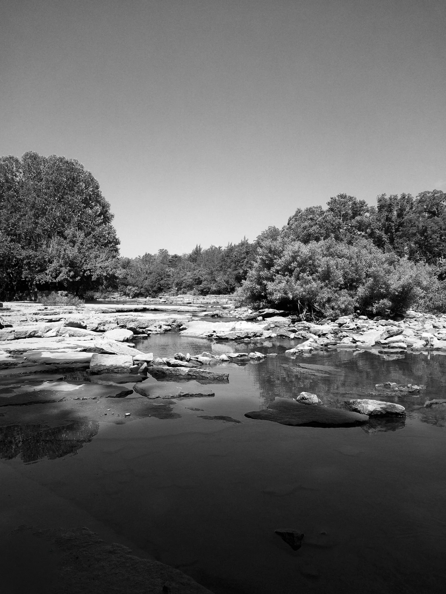 Black and white photograph of a river with rocks in the foreground and trees on the riverbank in the distance.