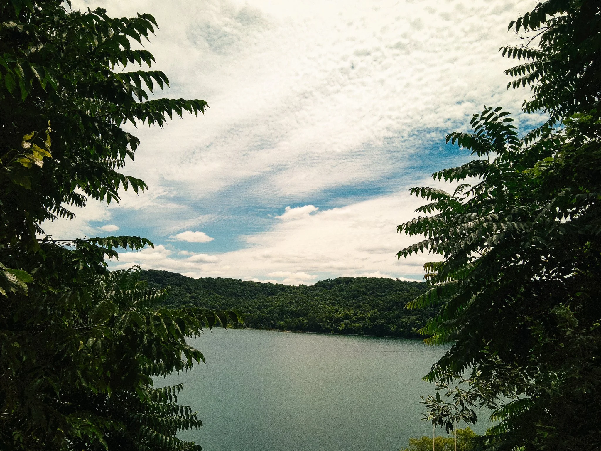 A view of a lake surrounded by lush green trees with a partly cloudy sky overhead.