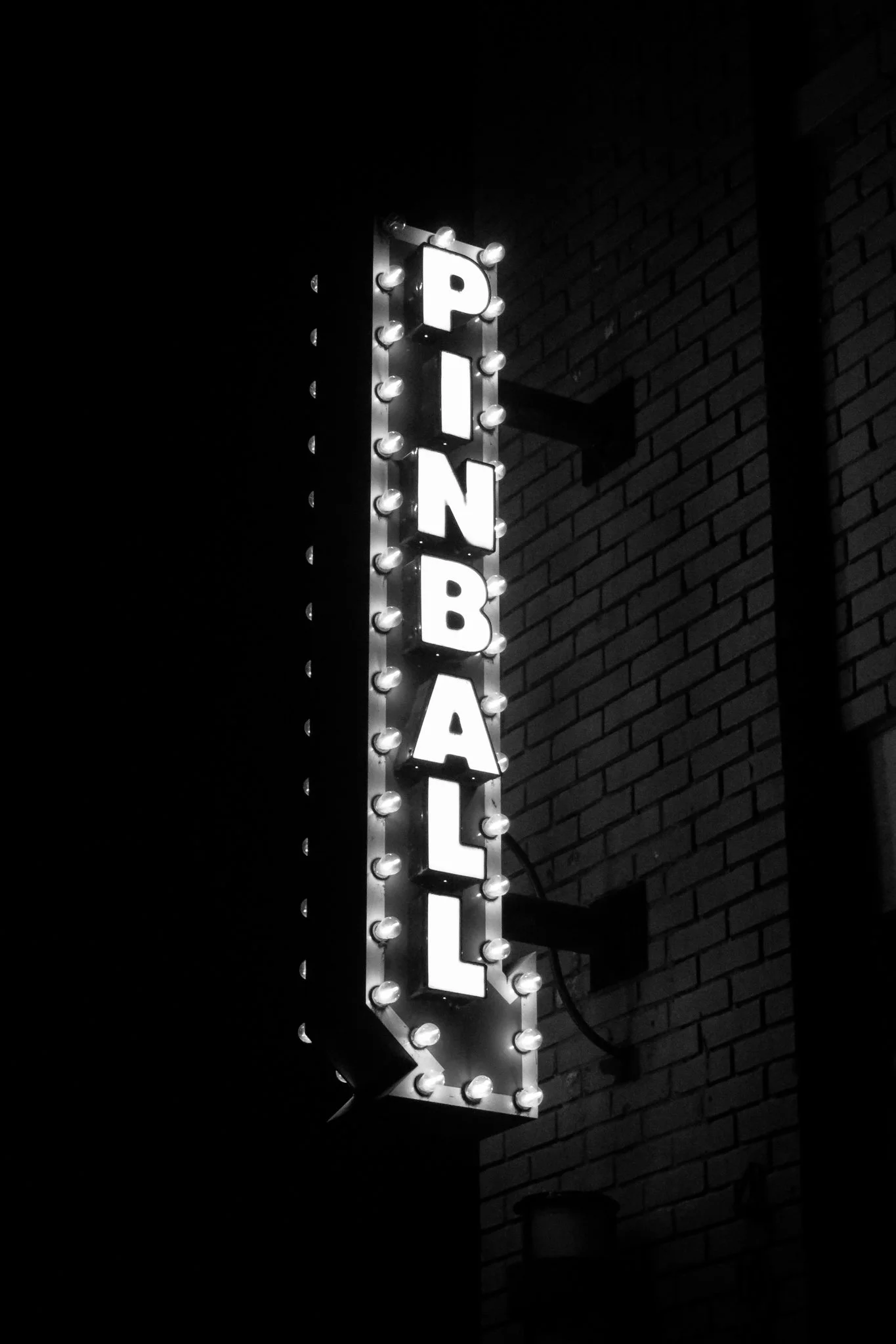 Vertical illuminated sign with the word 'PANDA' in capital letters, mounted on a brick wall at night.
