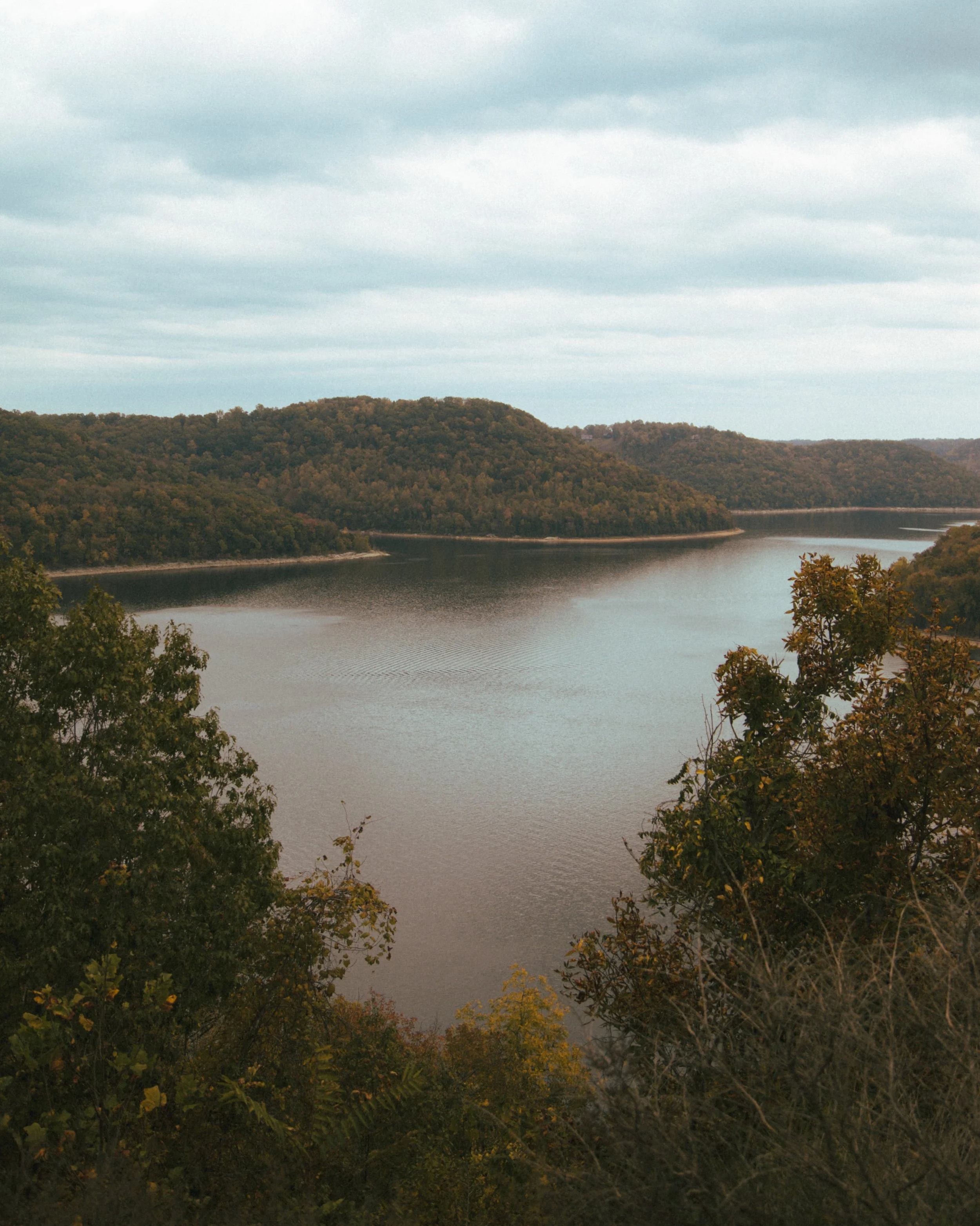 A scenic view of a river surrounded by densely forested hills under a cloudy sky, captured during autumn with trees displaying fall foliage.