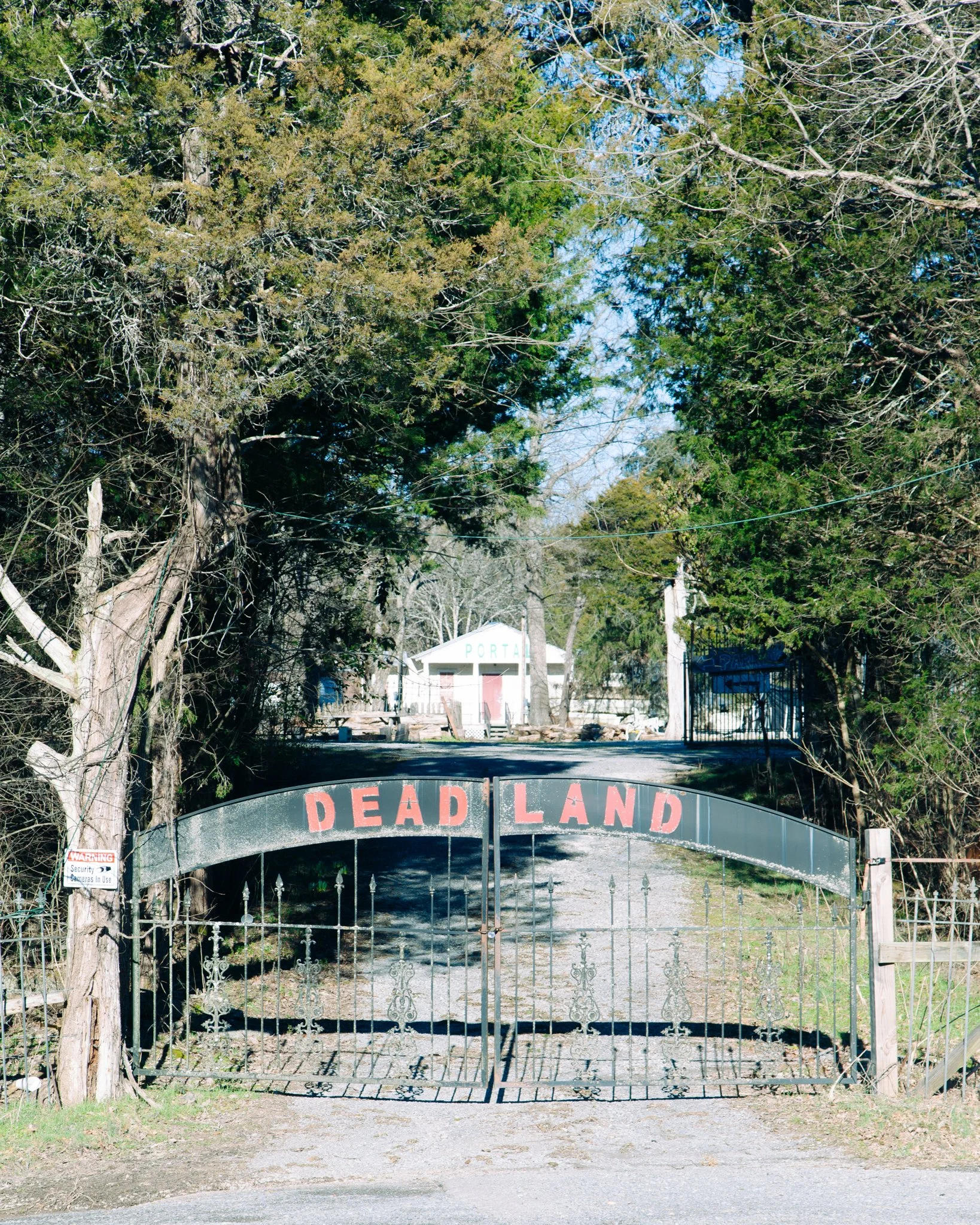 Metal gate with 'Dead Land' sign at entrance, surrounded by trees with bare and green branches, fence posts, and an overgrown area behind the gate.