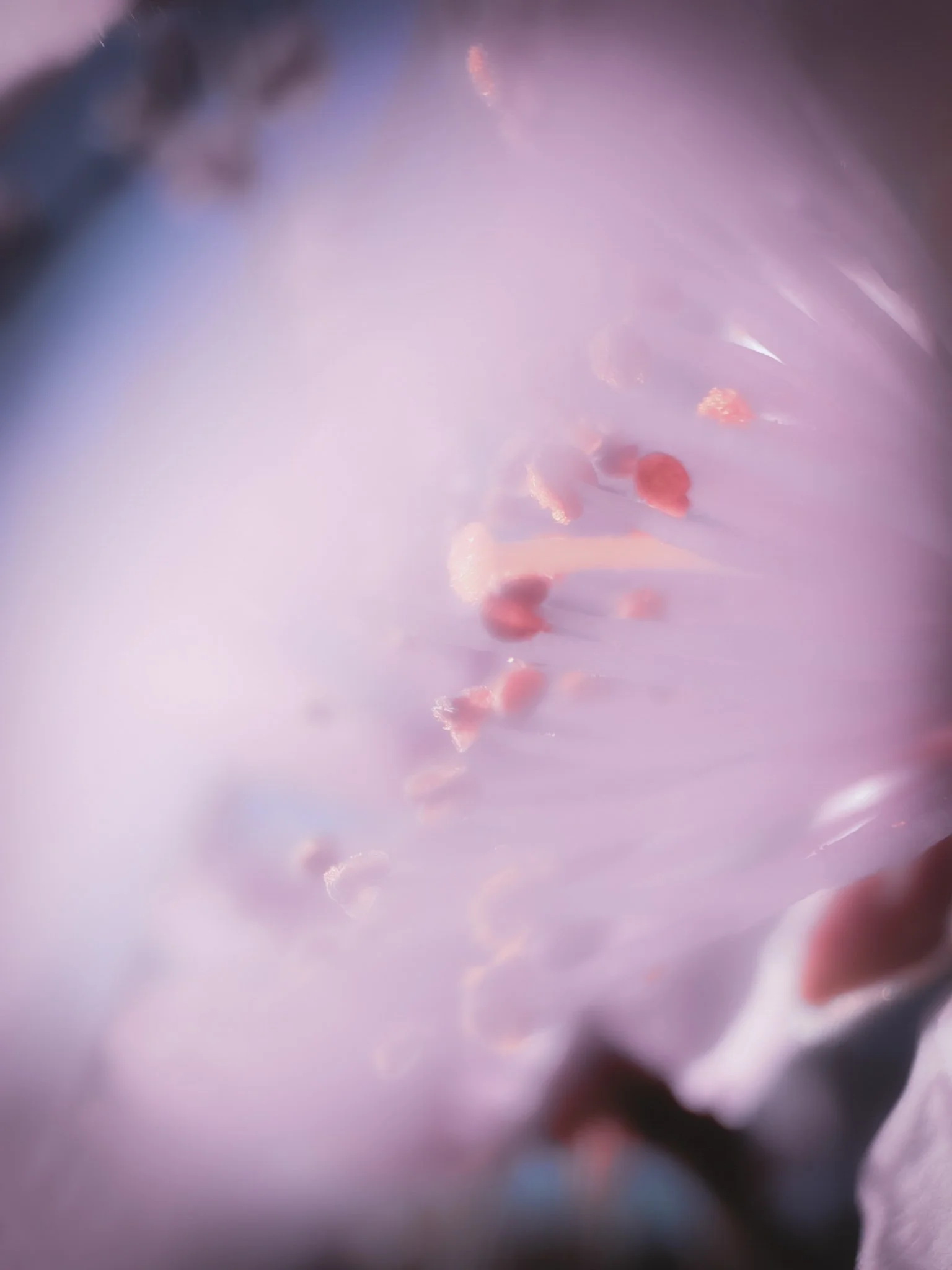 Blurred image with purple and pink tones, indistinct objects, and parts of a person's hand or fingers visible in the bottom right corner.