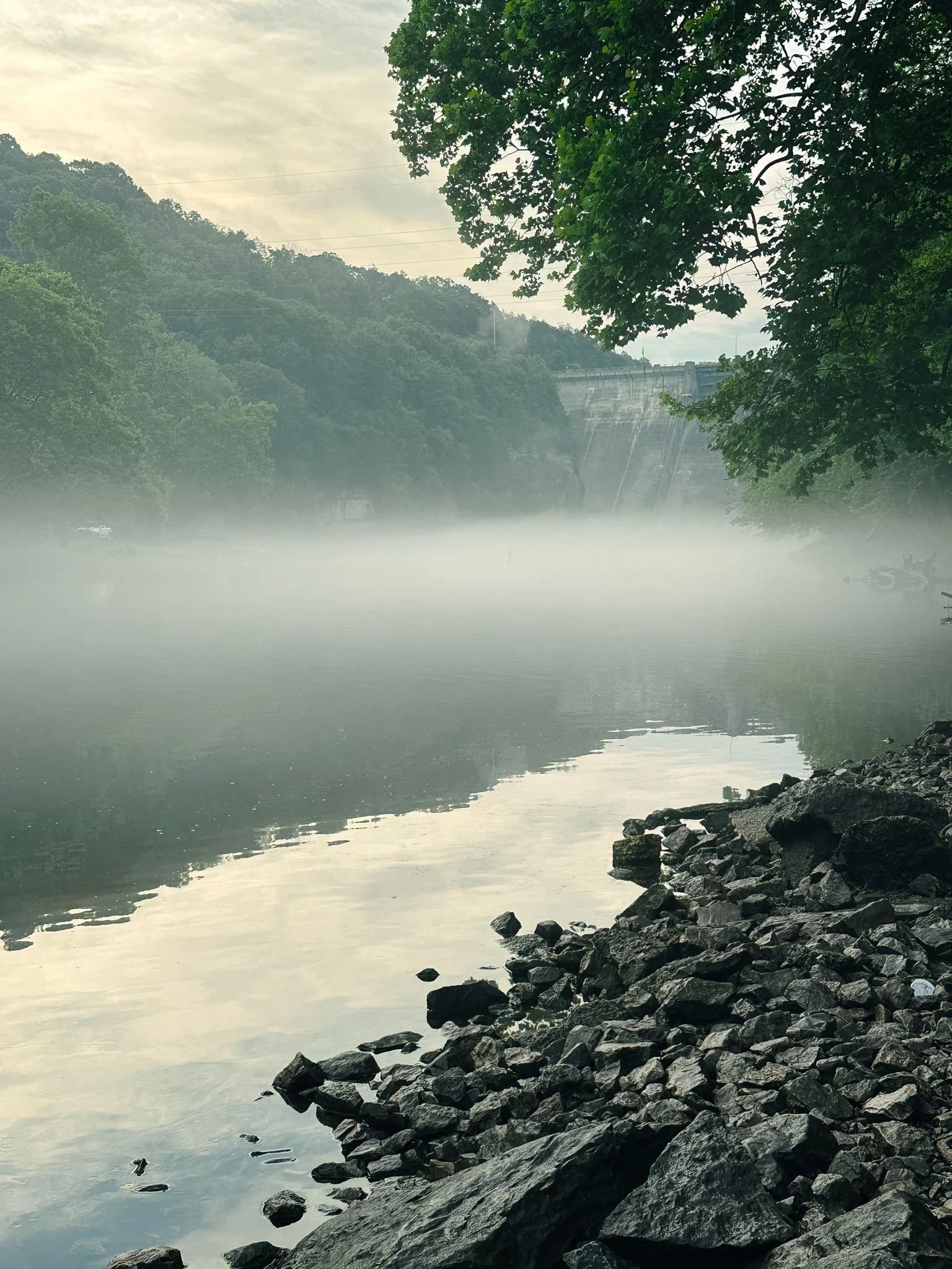 Rocks along the riverbank, with calm water reflecting trees and a dam in the background, surrounded by lush green trees and hills, and a misty atmosphere.