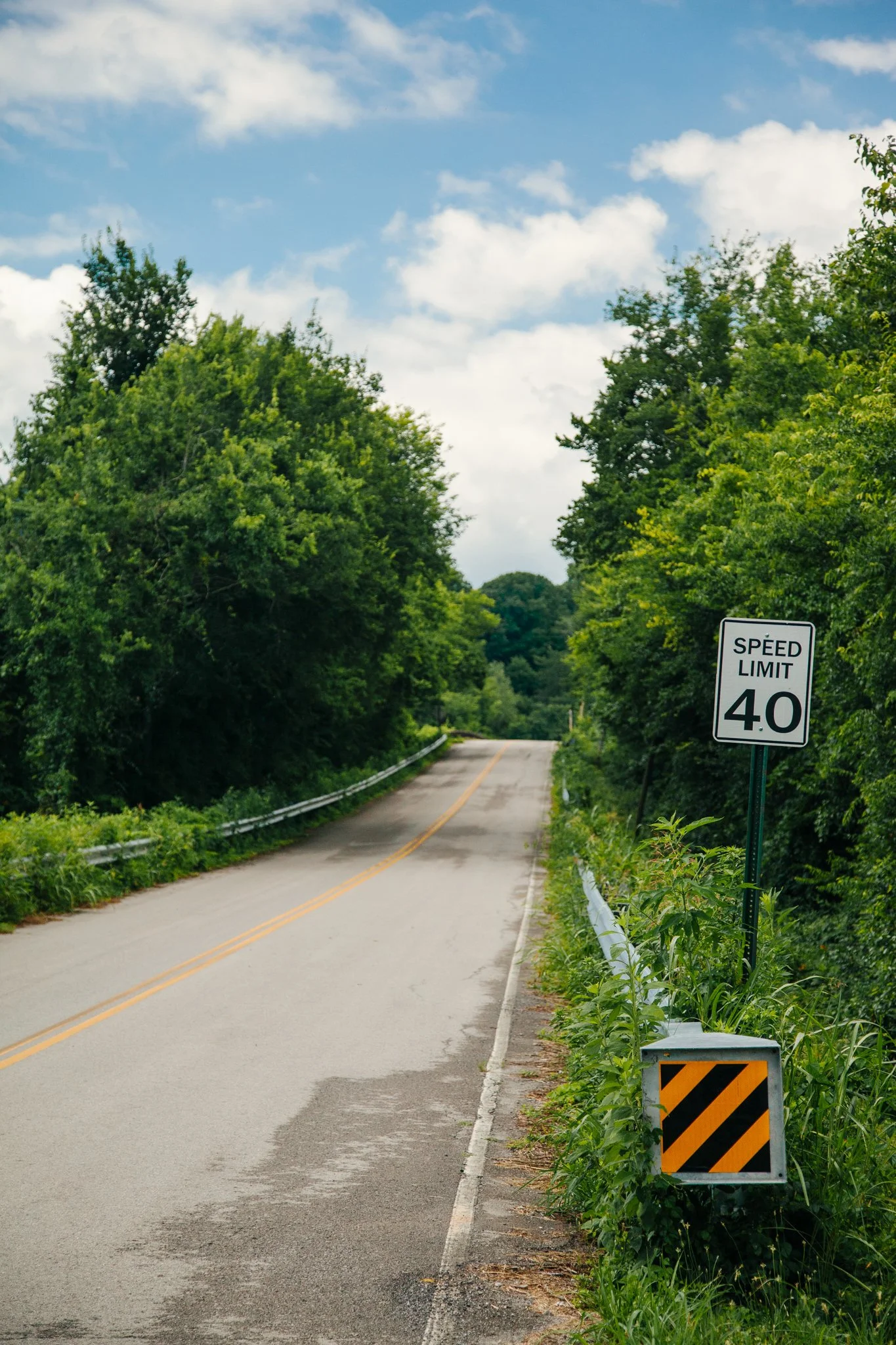 A quiet, rural two-lane road lined with lush green trees on both sides. A speed limit sign indicates 40 miles per hour. Safety markers and overgrown grass are present along the roadside. The sky is partly cloudy with patches of blue.