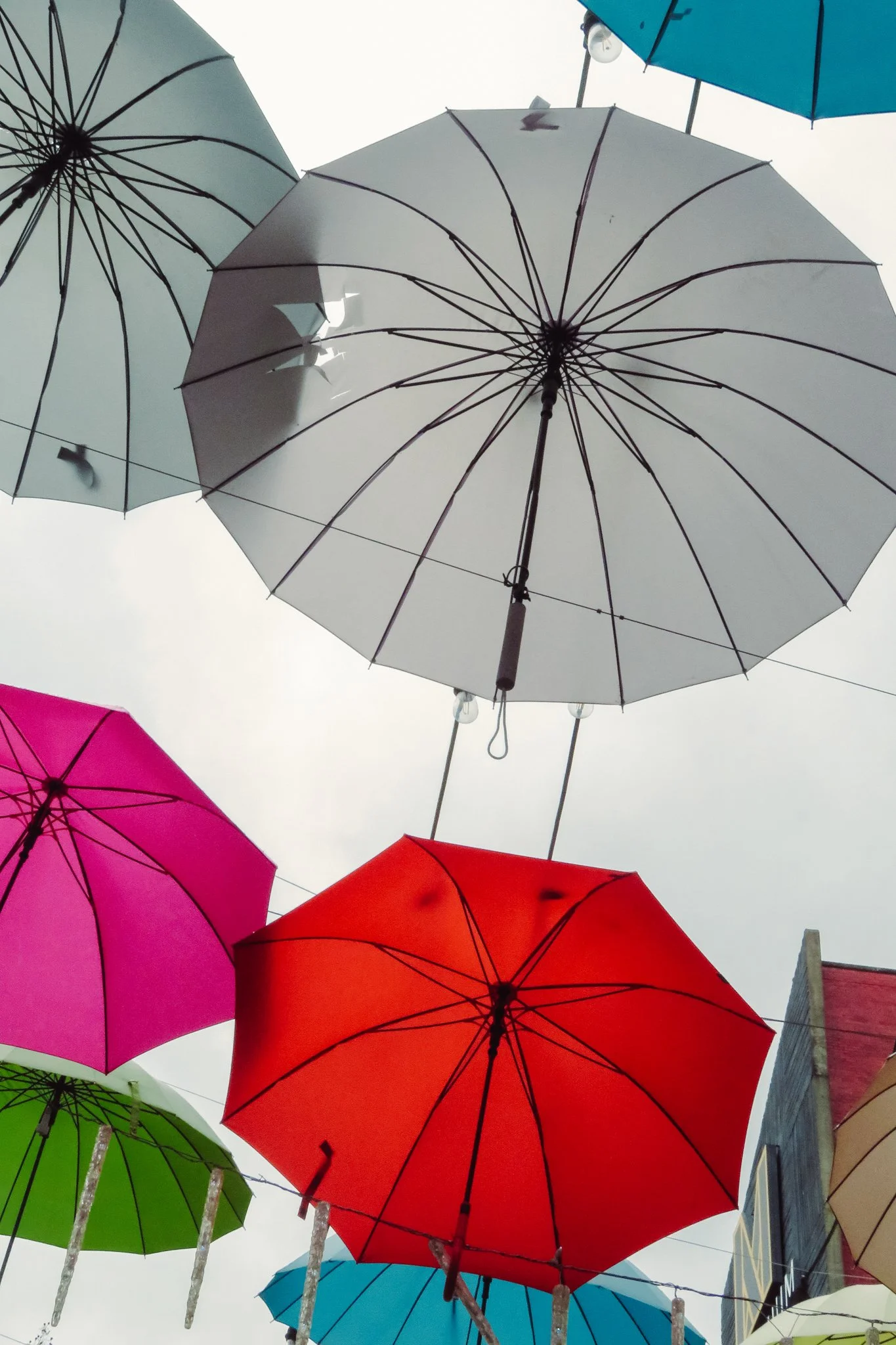 Colorful umbrellas hanging upside down above a street, with a cloudy sky in the background.