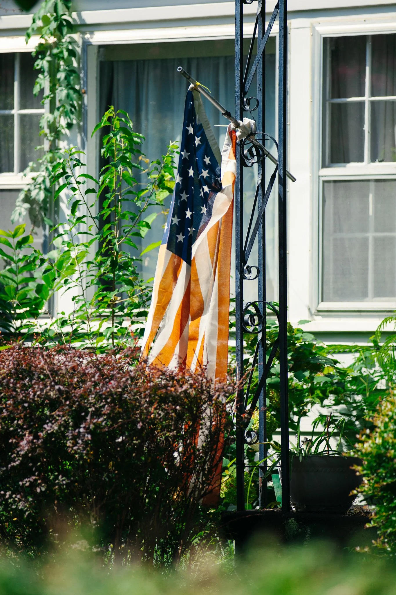 A garden with a flag of the United States hanging from a metal structure, surrounded by greenery, with a window in the background.