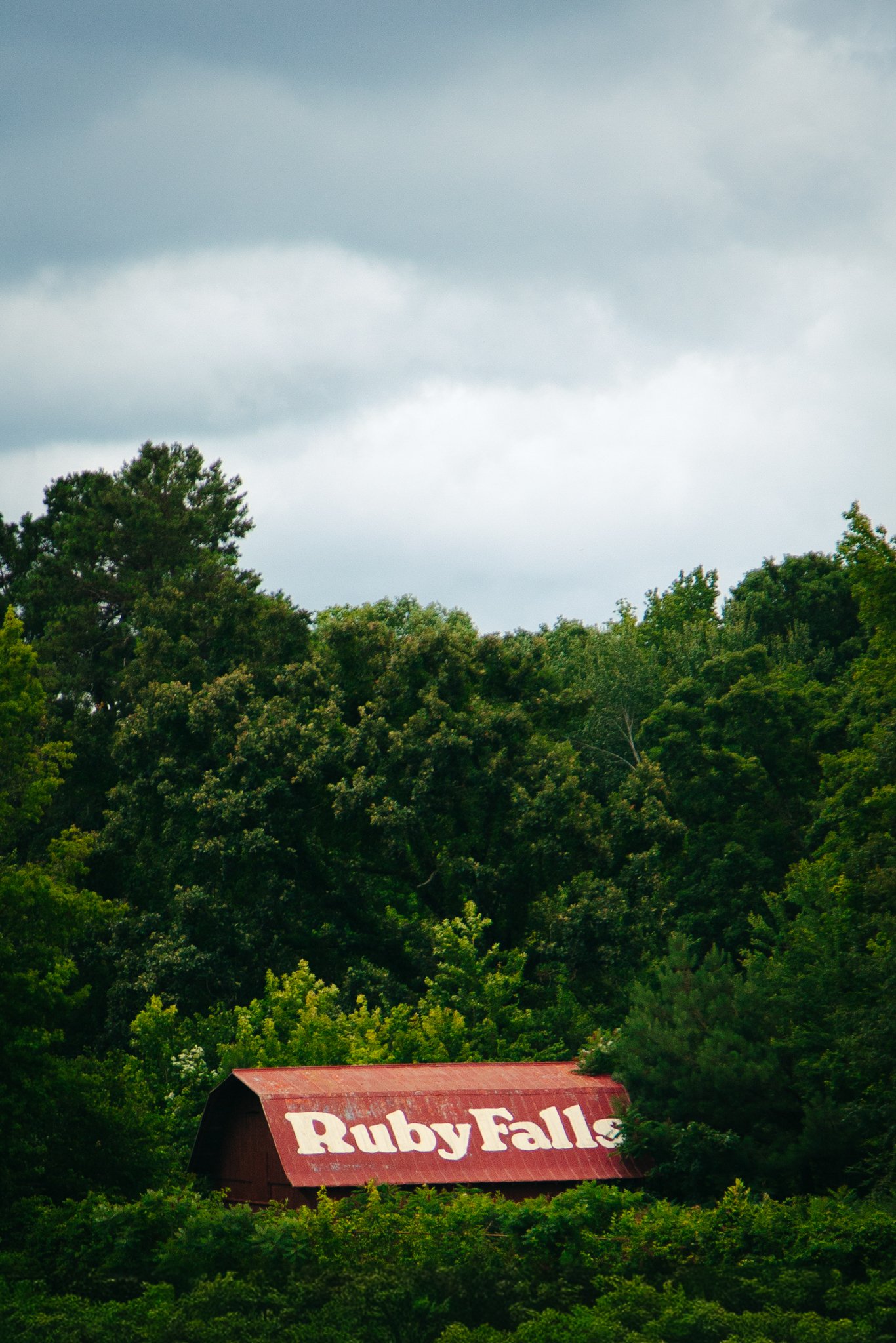 A red barn with a sign that reads Ruby Falls, partially obscured by green trees, situated amidst a lush forest under a cloudy sky.