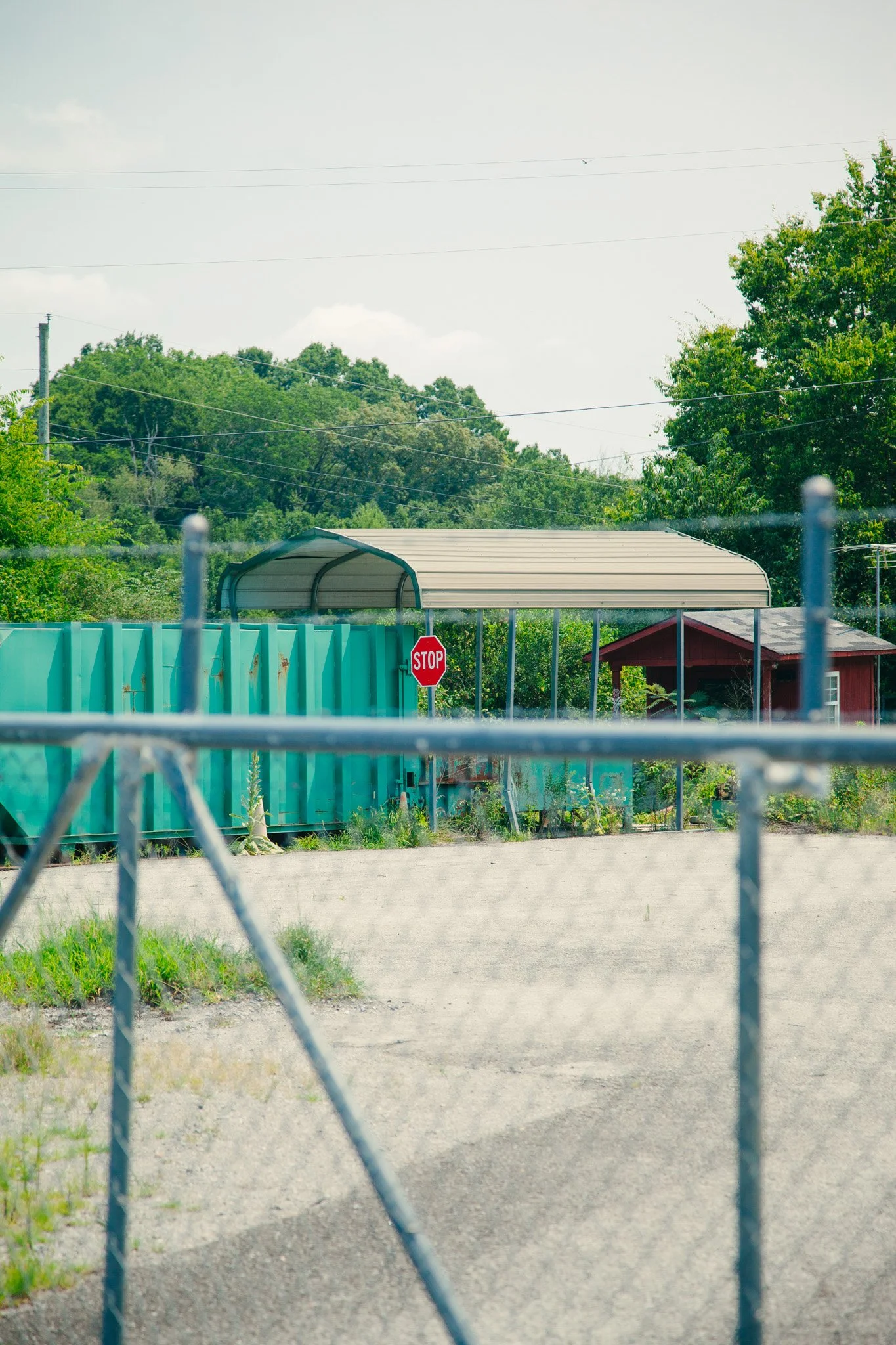 View through a chain-link fence of a backyard with trees, a small building, a stop sign, and a shaded structure in Rockvale, TN