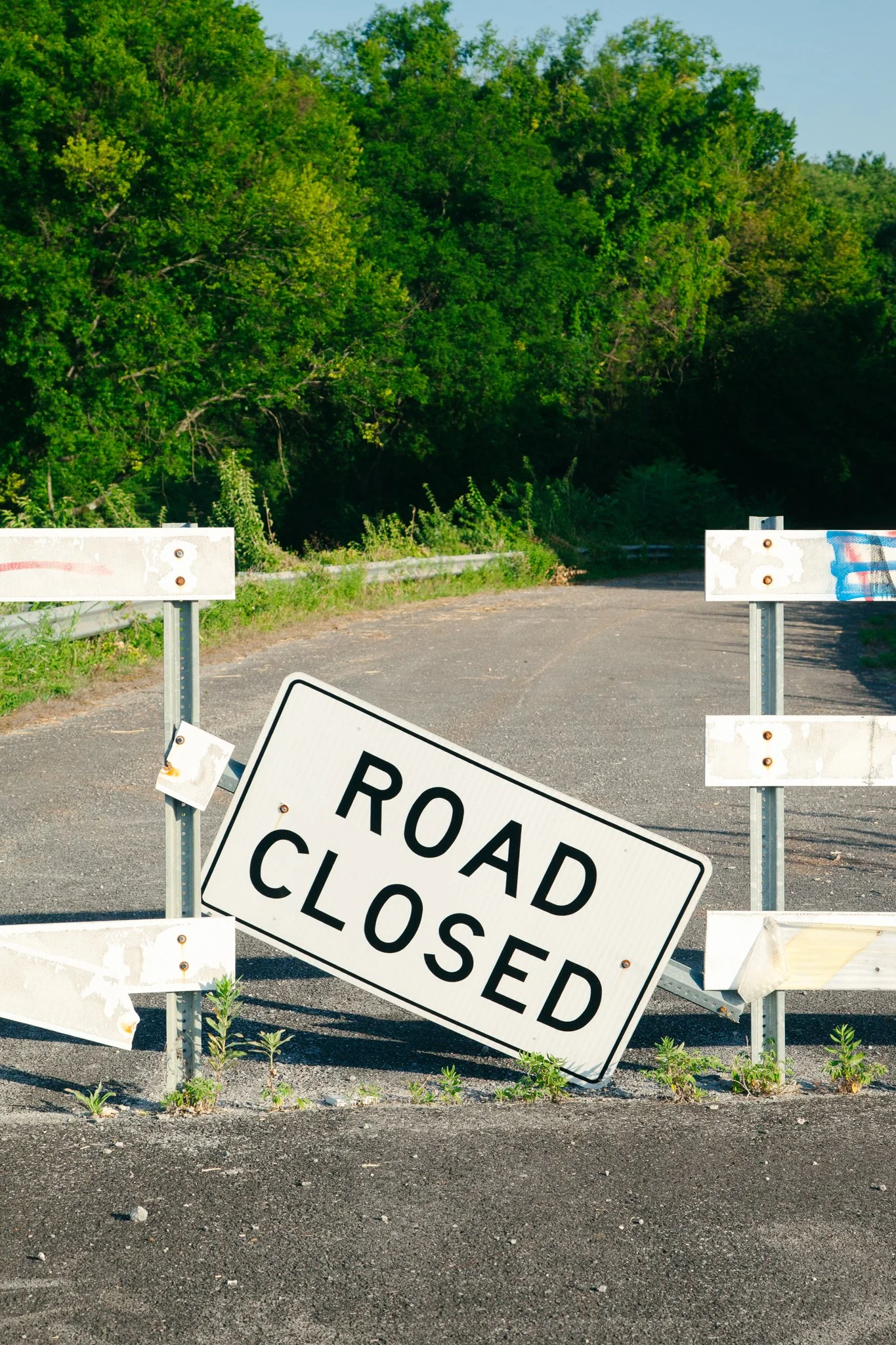 A road closed sign fallen on the asphalt with additional barricades blocking the road, surrounded by green trees and a clear blue sky.