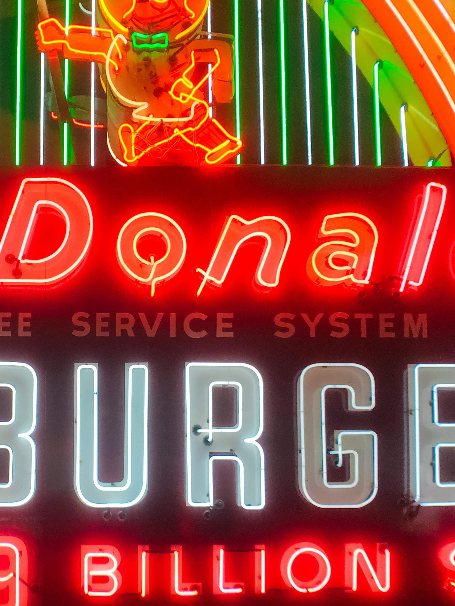 Bright neon sign reading 'Dona' with a flamingo figure above, surrounded by colorful vertical neon lines and additional text that reads 'service system' and 'billion'.