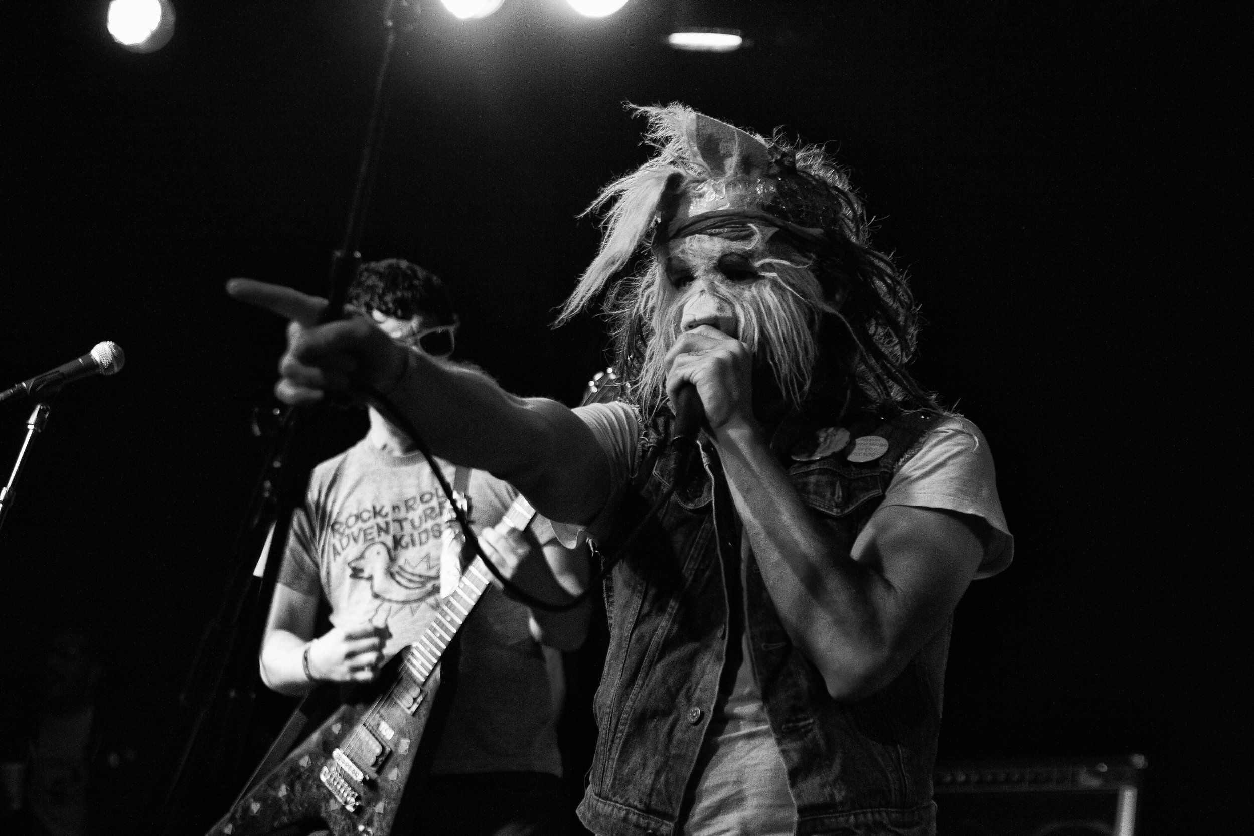 A person wearing a lion mask singing into a microphone on stage, with a second person in the background playing a guitar during a live music performance.