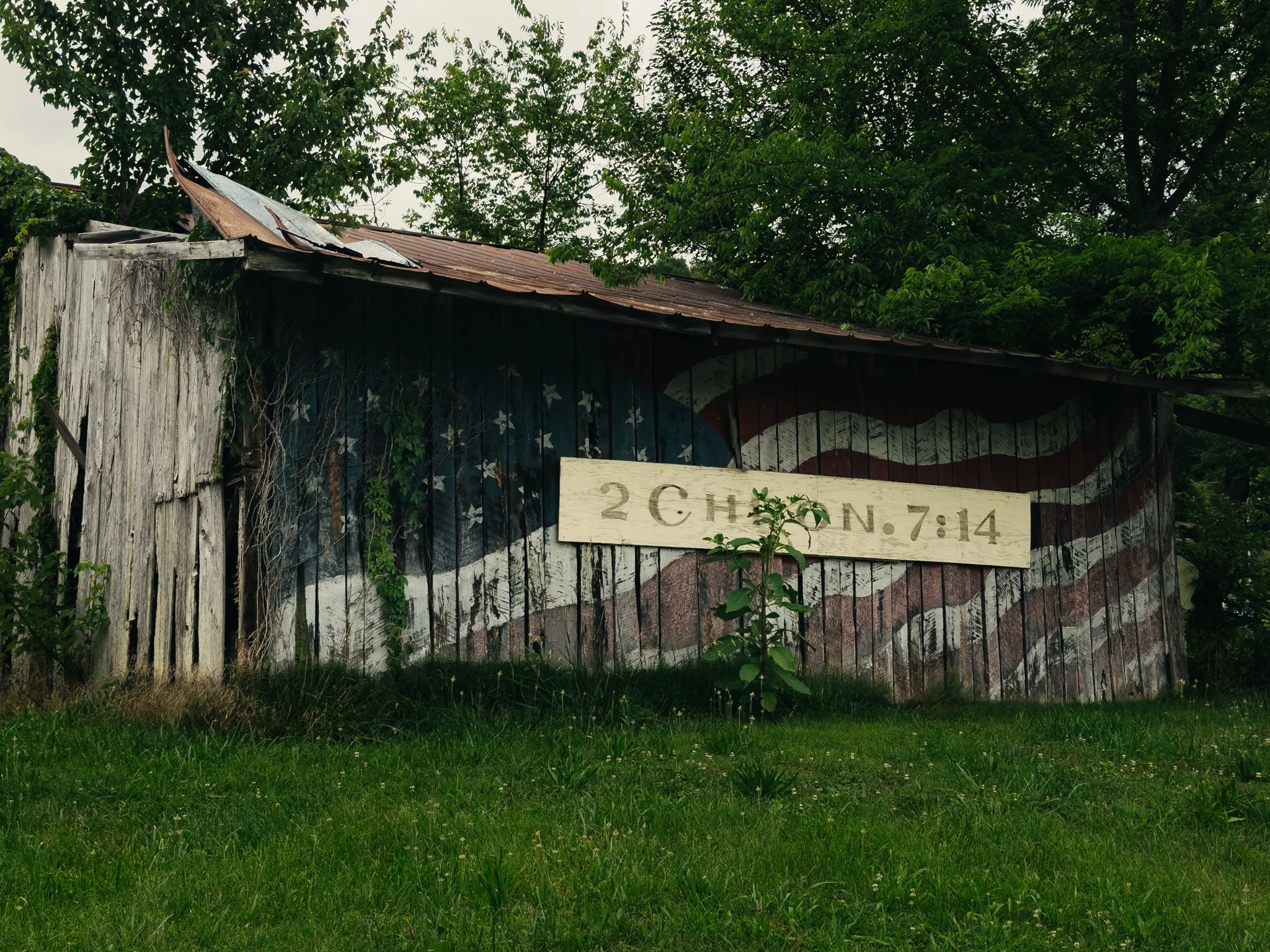 An old wooden structure with a rusted metal roof, partially covered by green foliage and trees. There is a painted mural on the side of the building and a white wooden sign with text, standing in front of it, surrounded by grass.
