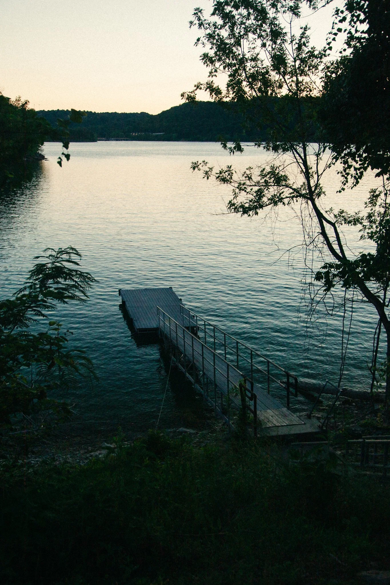 A dock extending into a calm lake surrounded by trees with greenery, under a pale sky at sunset or dusk.