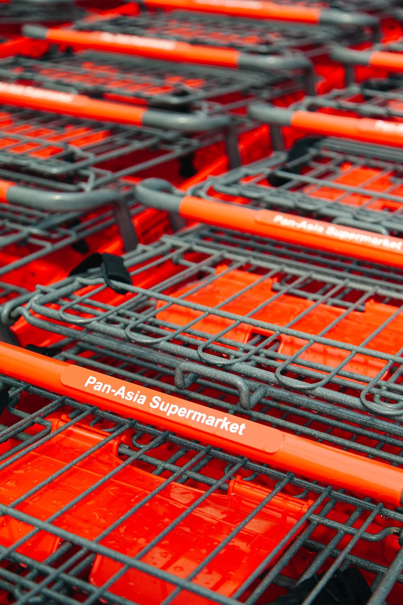 Shopping carts in a supermarket labeled 'Pan-Asia Supermarket' with orange handles.