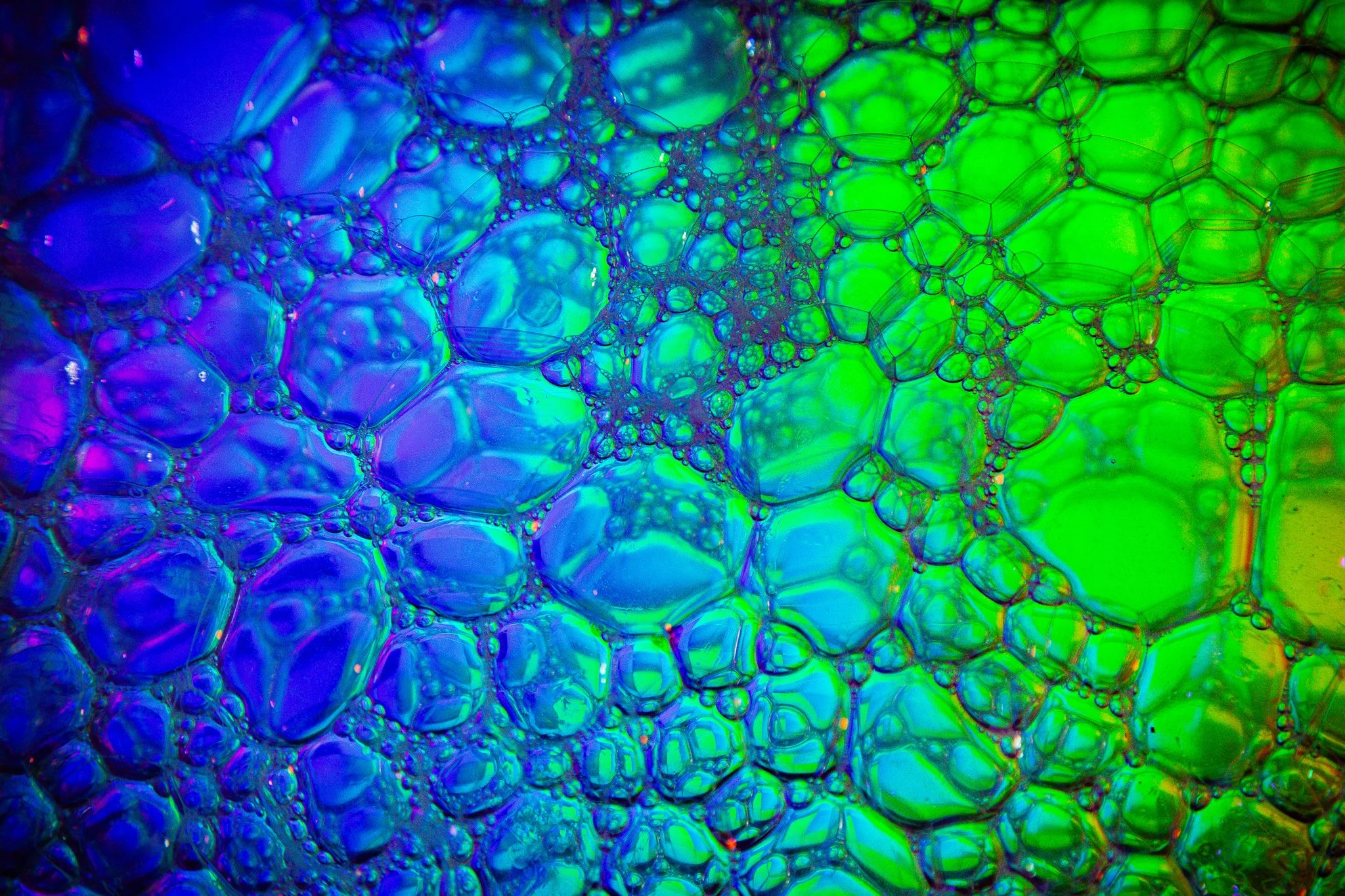 Close-up image of soap bubbles with vibrant colors, displaying iridescent hues of blue, green, and purple.