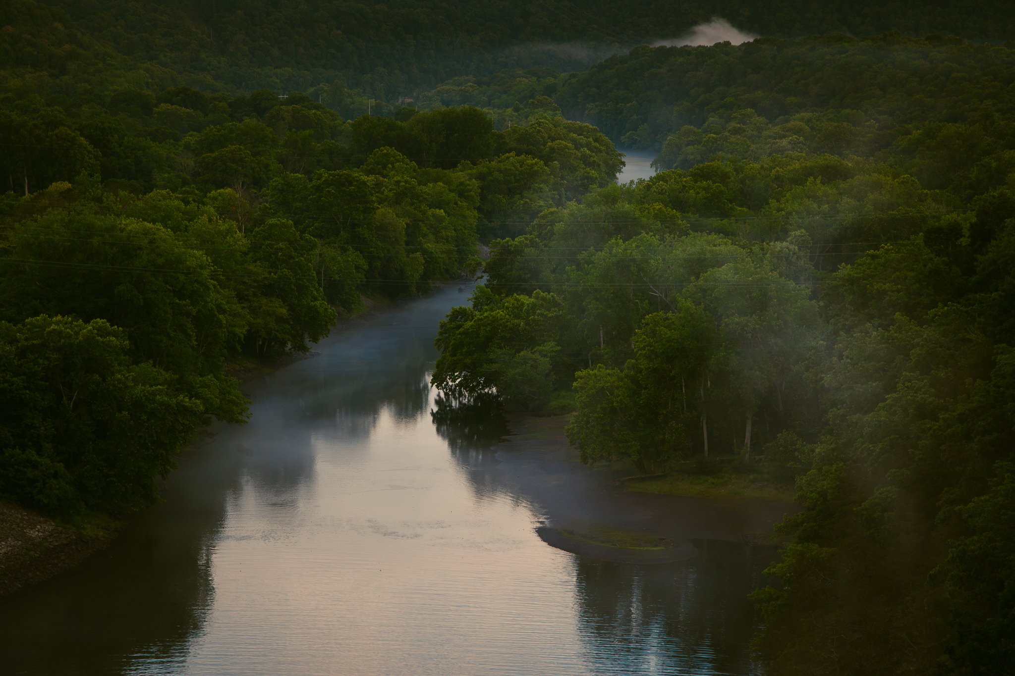 A river flowing through a lush green forest with dense trees on both sides and mist rising from the water in a mountainous area.