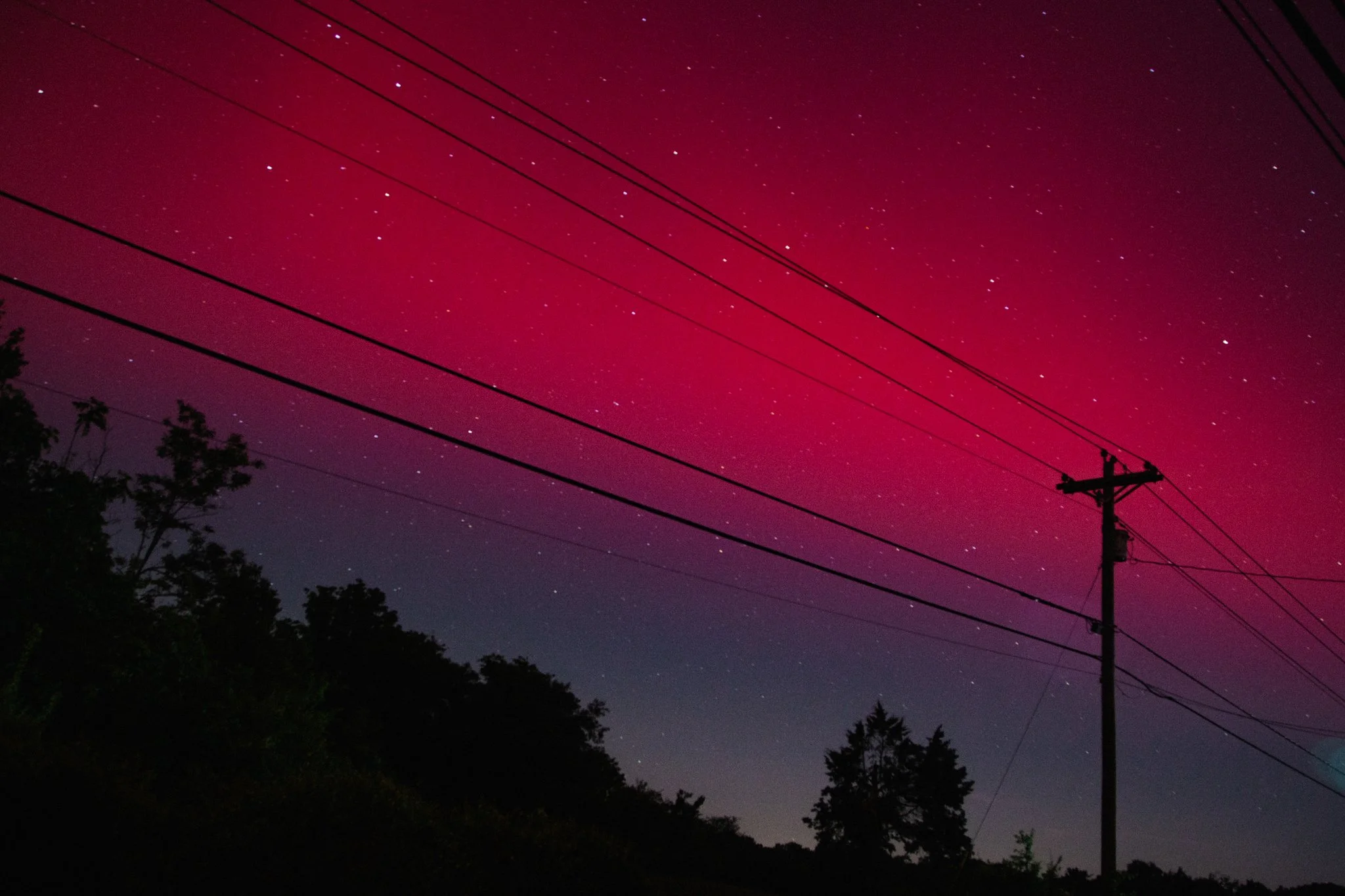 Night sky with red aurora, stars, silhouetted trees, and power lines with utility pole.