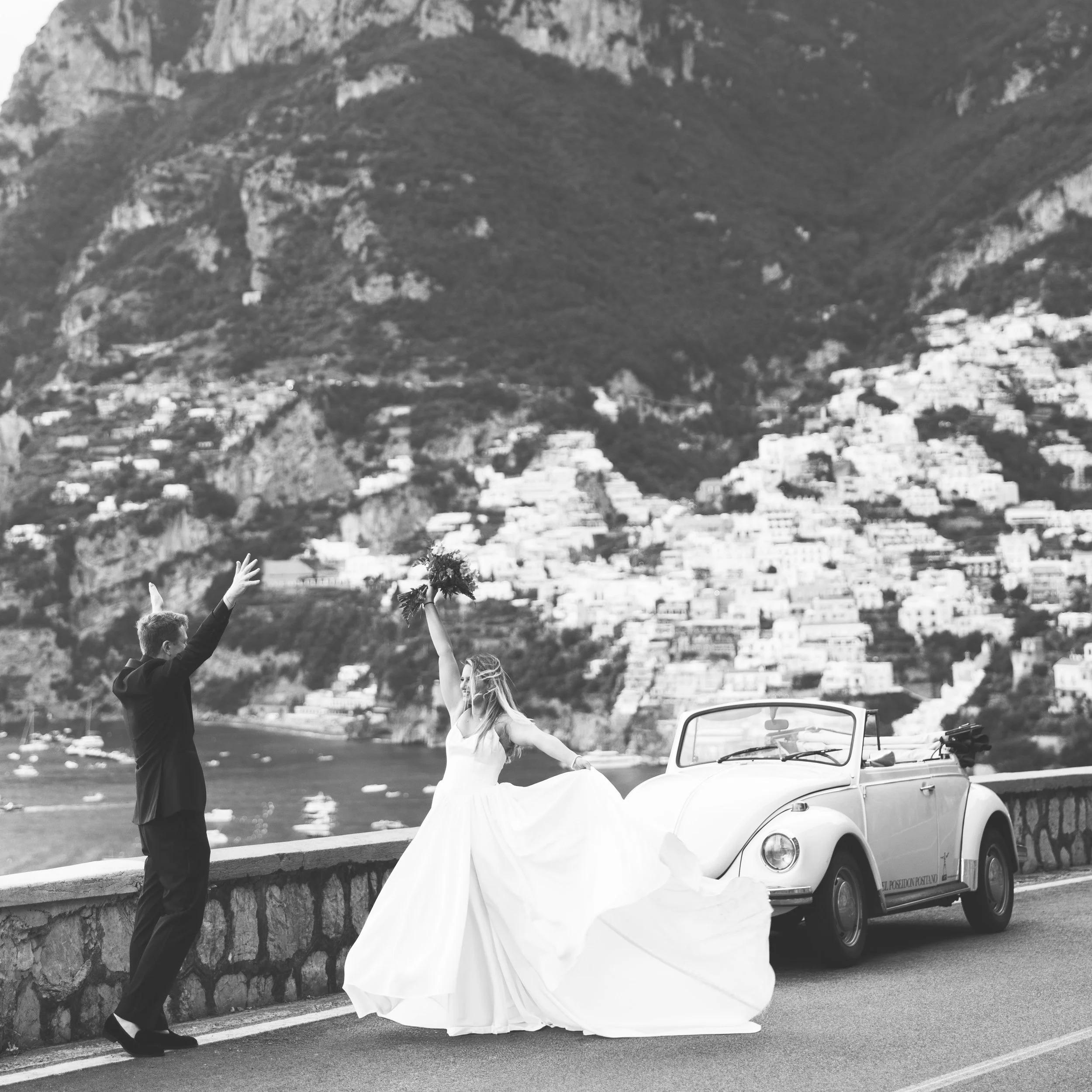 Rainy Elopement in Positano with Vintage Volkswagen Car | Bryan & Cynthia