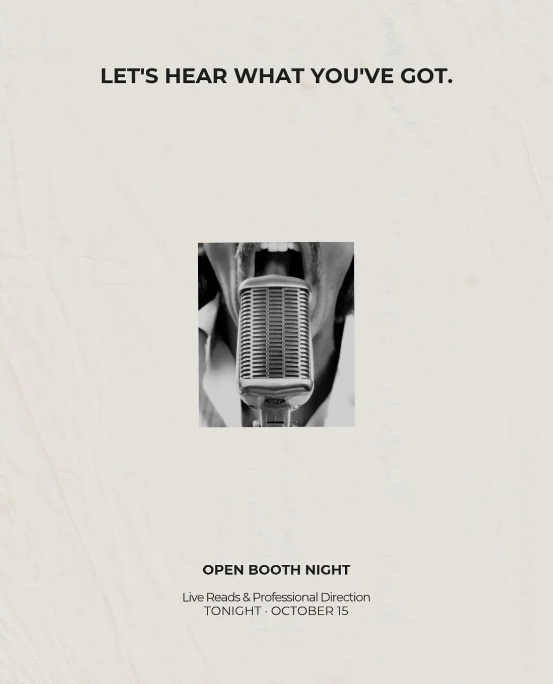 Open Booth Night is JMM Narration Academy&rsquo;s monthly live online drop-in for audiobook narrators, led by Hallie Ricardo. Bring an audition, demo sample, or fresh material and receive live feedback you can put to work immediately. 

October 15th.