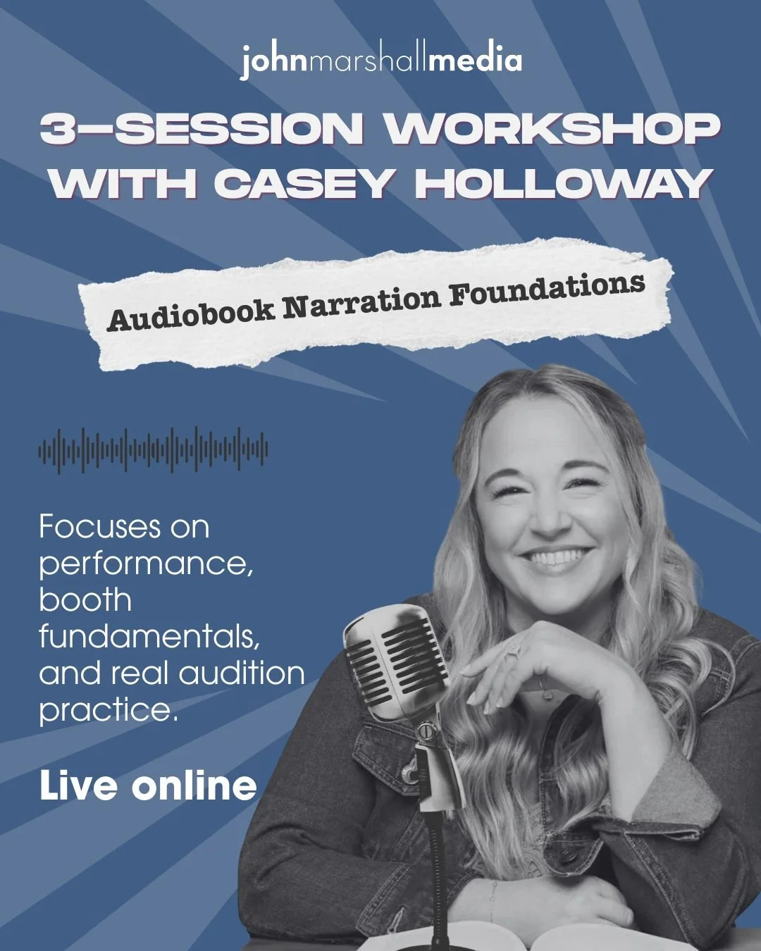 Available in March or May. A three-session, live online workshop suitable for new narrators or experienced VO artists transitioning into audiobook narration.