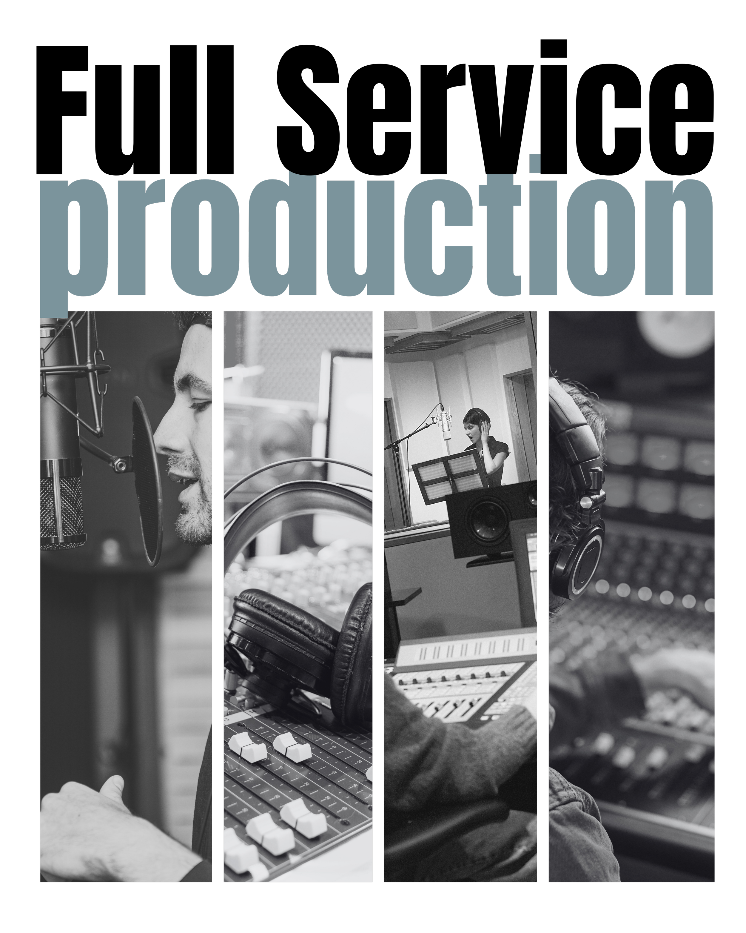 Collage of four black and white images related to audio production: a man singing into a microphone, studio headphones on a sound mixing board, a woman singing in a recording studio, and a person adjusting sound equipment.