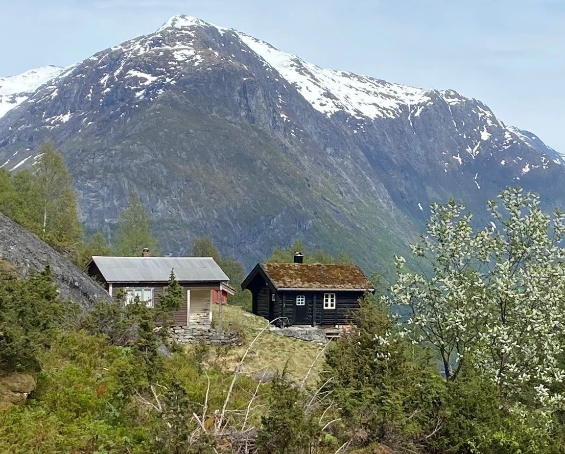 The huts/cabins at Fosdalssetra from another angle. In the background, we see Glomnesegga (1,371 meters above sea level) and Blåhyrna (1,706 meters above sea level).