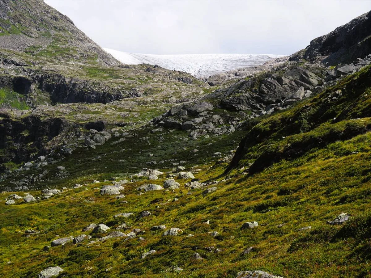 The terrain rises inward towards Tystigbreen.