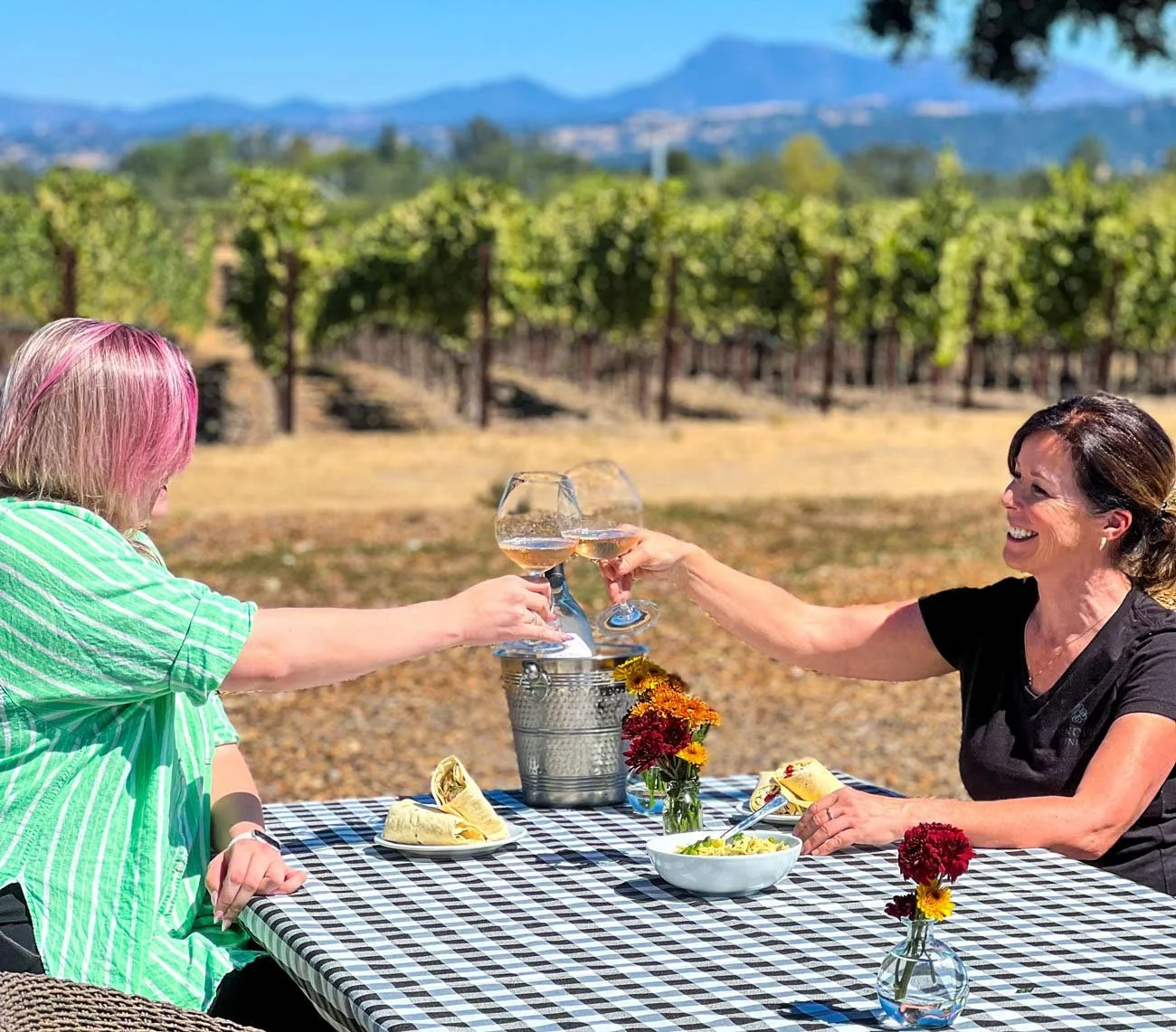 Two women sitting at a checkered table outdoors in a vineyard, enjoying wine and toasting together on a sunny day.
