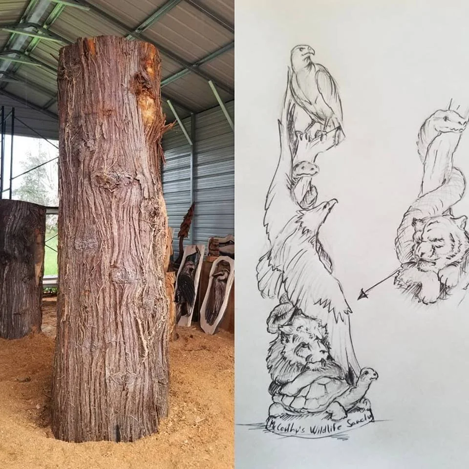 Sketch of McCarthy Wildlife Animal Totem Chainsaw Carved Wood Sculpture Tomas Vrba