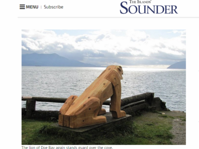 Wooden lion sculpture at Doe Bay on Orcas Island in Washington State, a reproduction by Tomas Vrba of Bellingham, based on the original.