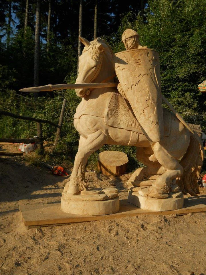 Horse and Rider Chainsaw Carved Wood Sculpture Tomas Vrba