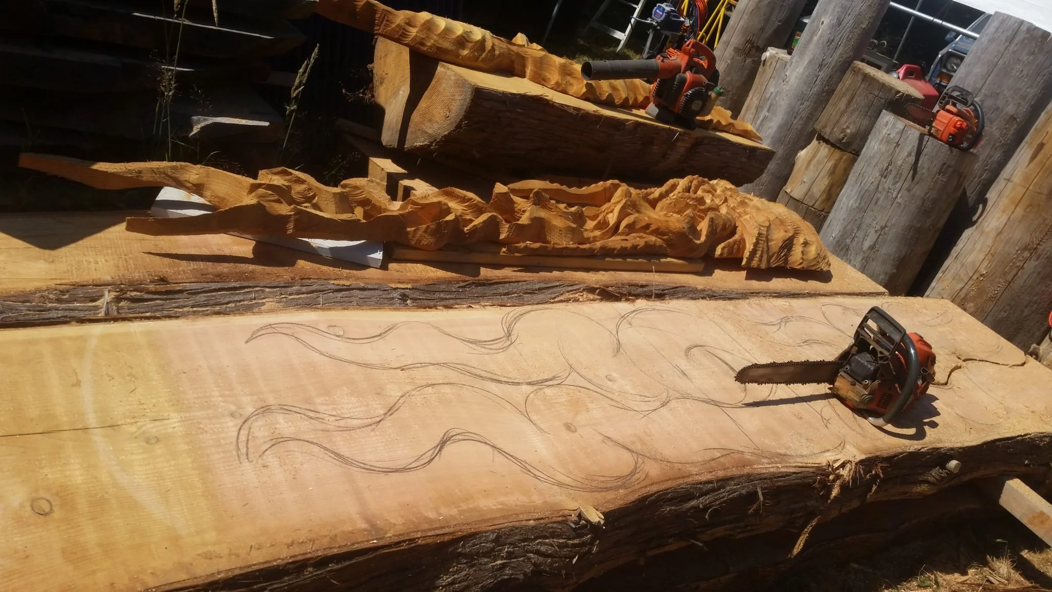 sketch of octopus tentacles on wood slab with chainsaw in background for sculpture by Tomas Vrba of Everett WA