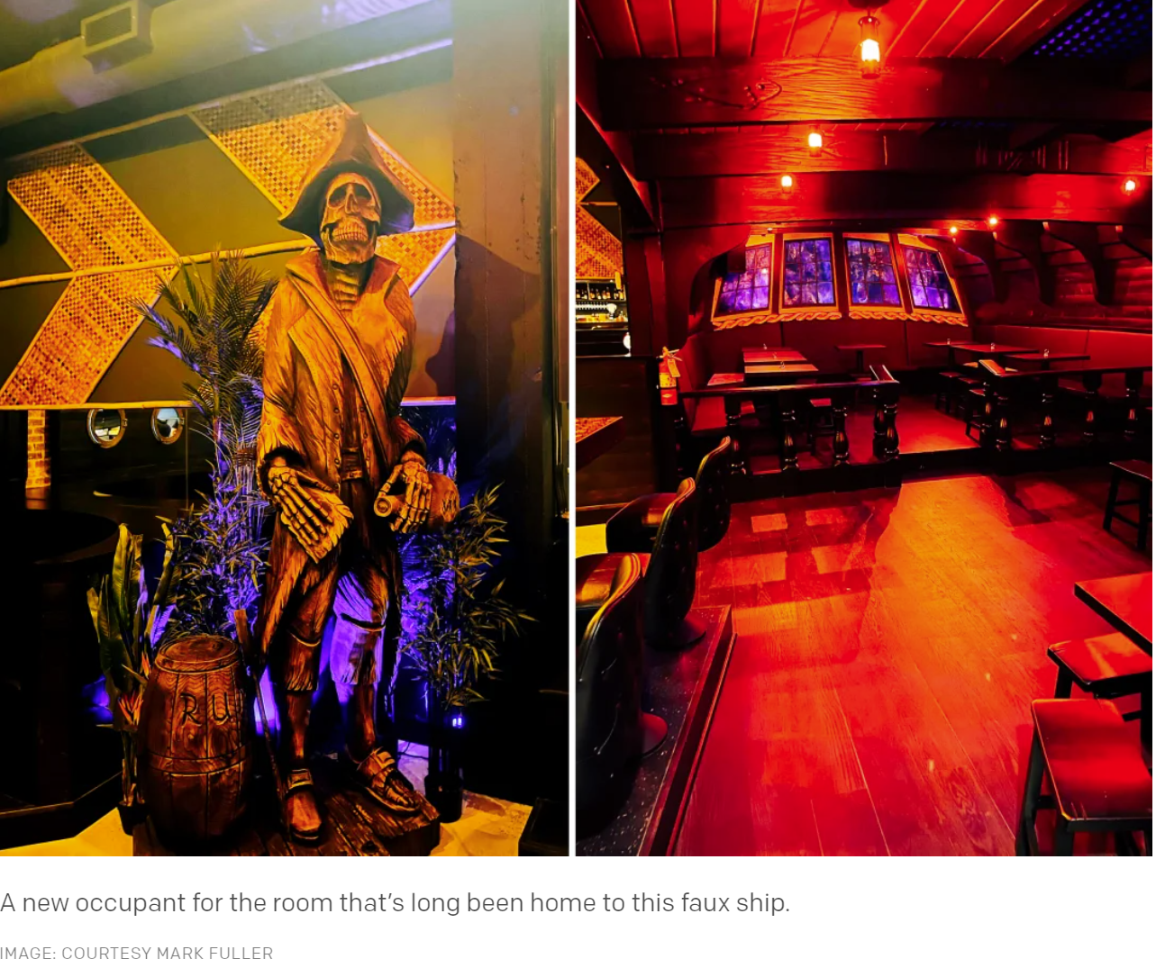 Left side of the image features a pirate skeleton wood sculpture of Billy Bones for the grand opening of Ben Bow Room in Seattle, created by chainsaw carver Tomas Vrba.