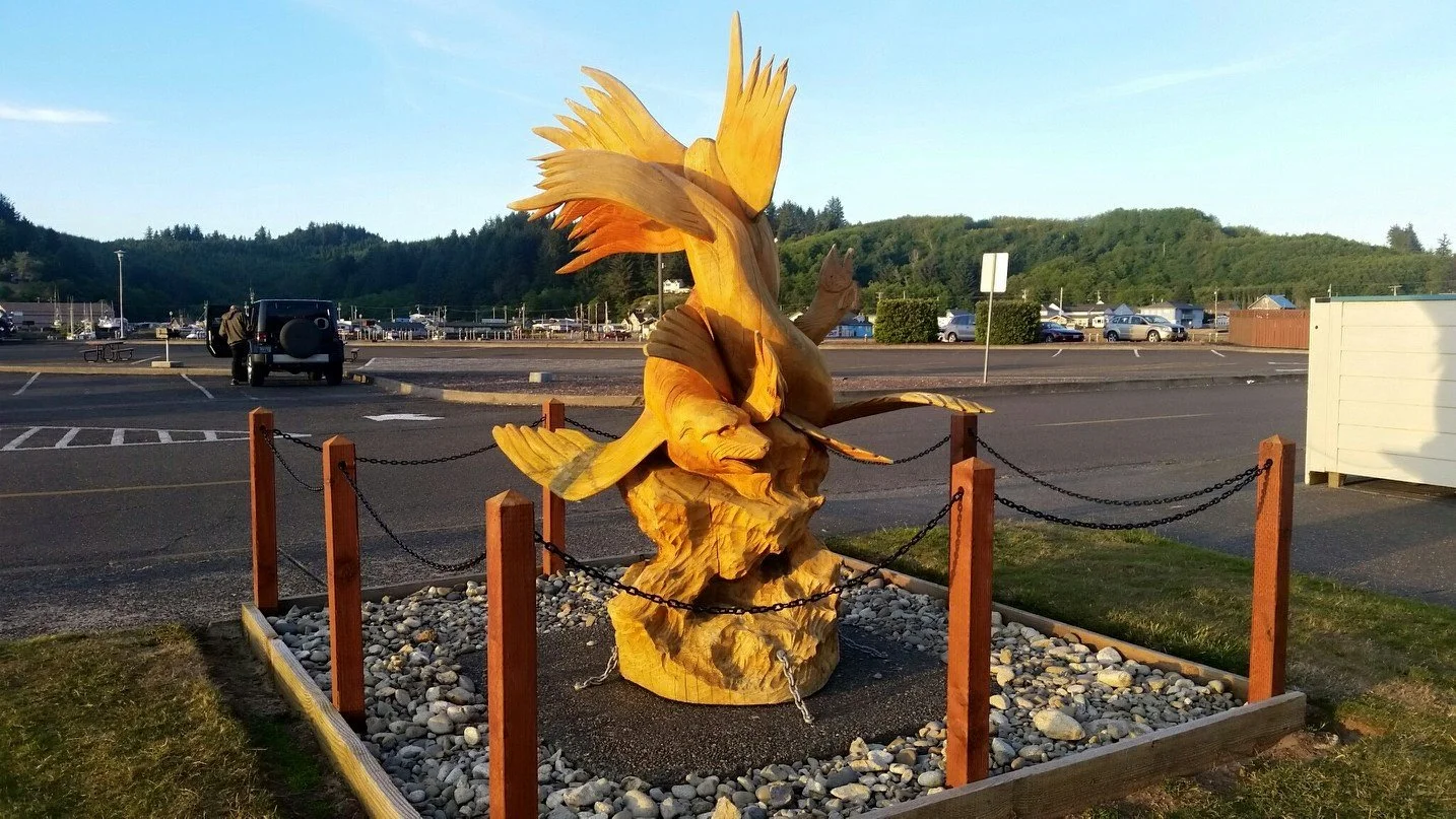 Freestanding Three Dimensional Swimming Otters Chainsaw Carved Wood Sculpture Tomas Vrba