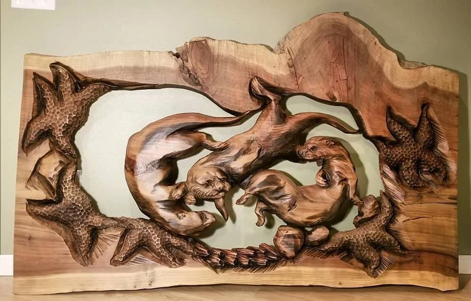 Otters in Relief Chainsaw Carved Wood Sculpture Tomas Vrba