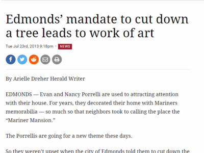 Screenshot of a news article with the headline "Edmonds' mandate to cut down a tree leads to work of art." The article is dated Tuesday, July 23rd, 2013, and outlines how sculptor Tomas Vrba of Bellingham create a chainsaw carving in a tree stump.