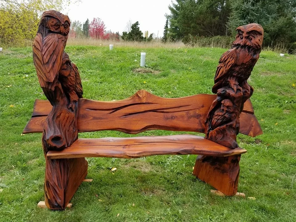 Chainsaw carving owl bench for sale Tomas Vrba
