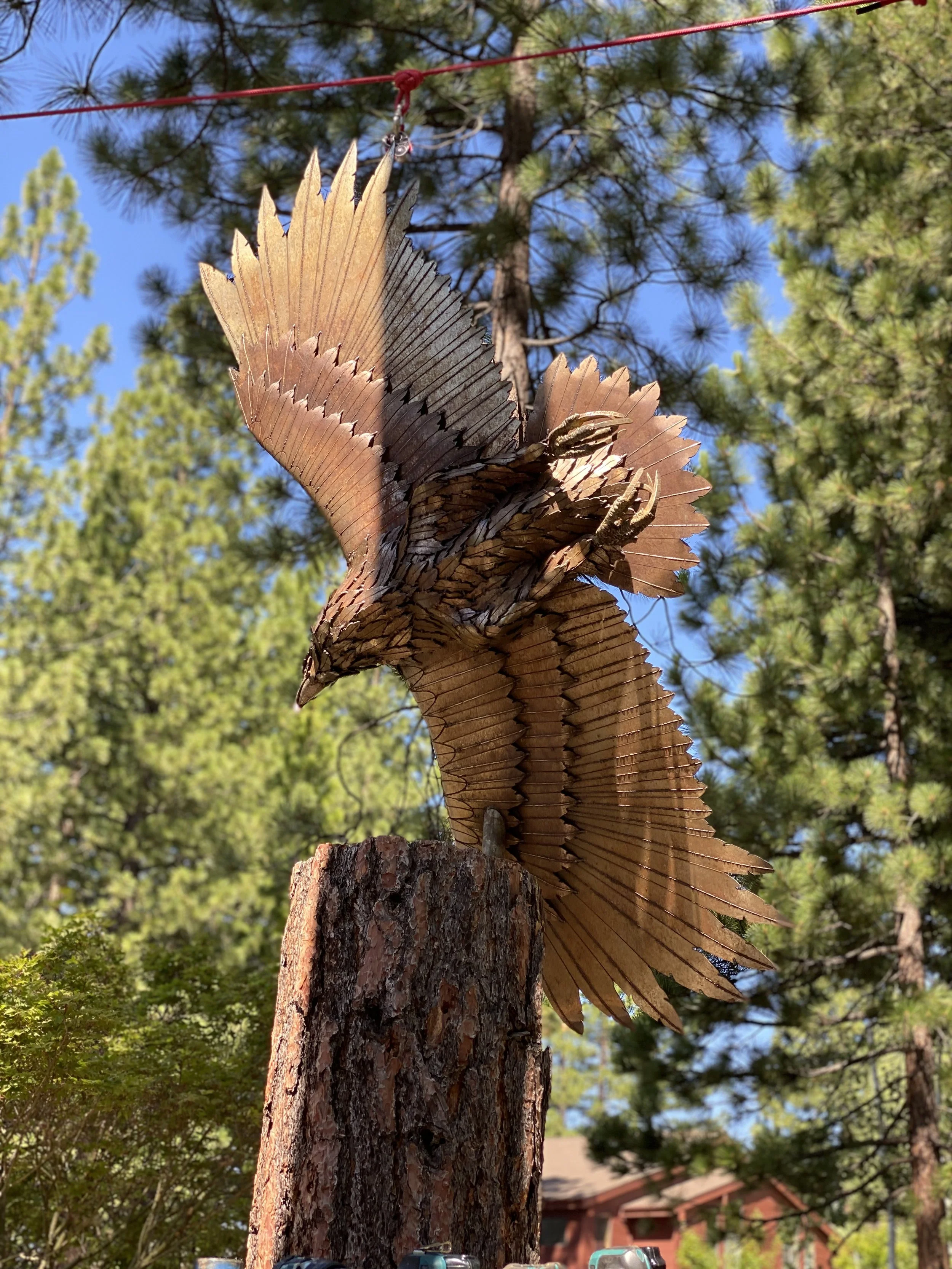 Swooping Metal Eagle on Tree Stump Metal Sculpture Tomas Vrba