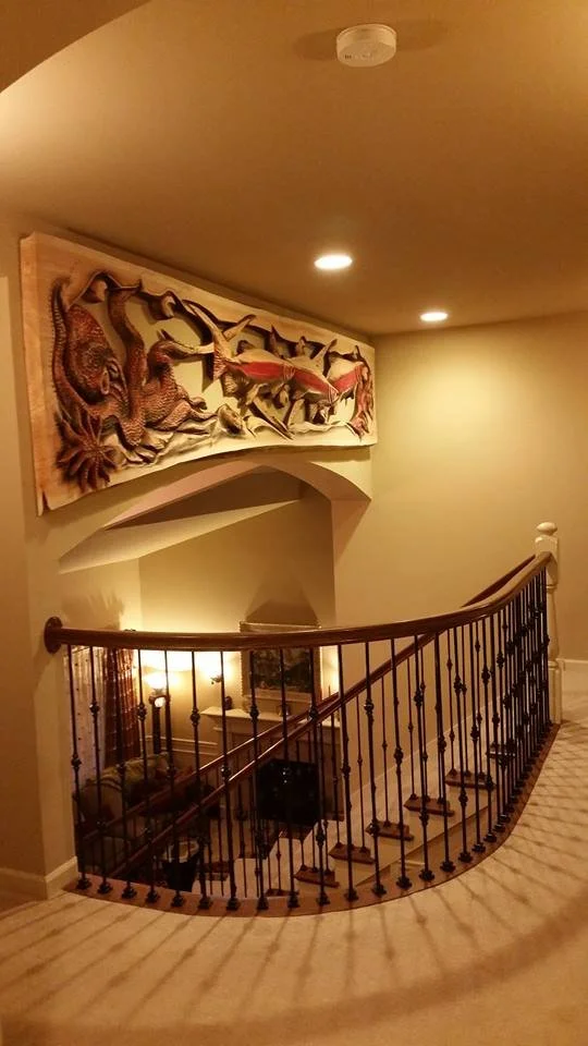 Sea Life Relief Over Staircase Chainsaw Carved Wood Sculpture Tomas Vrba
